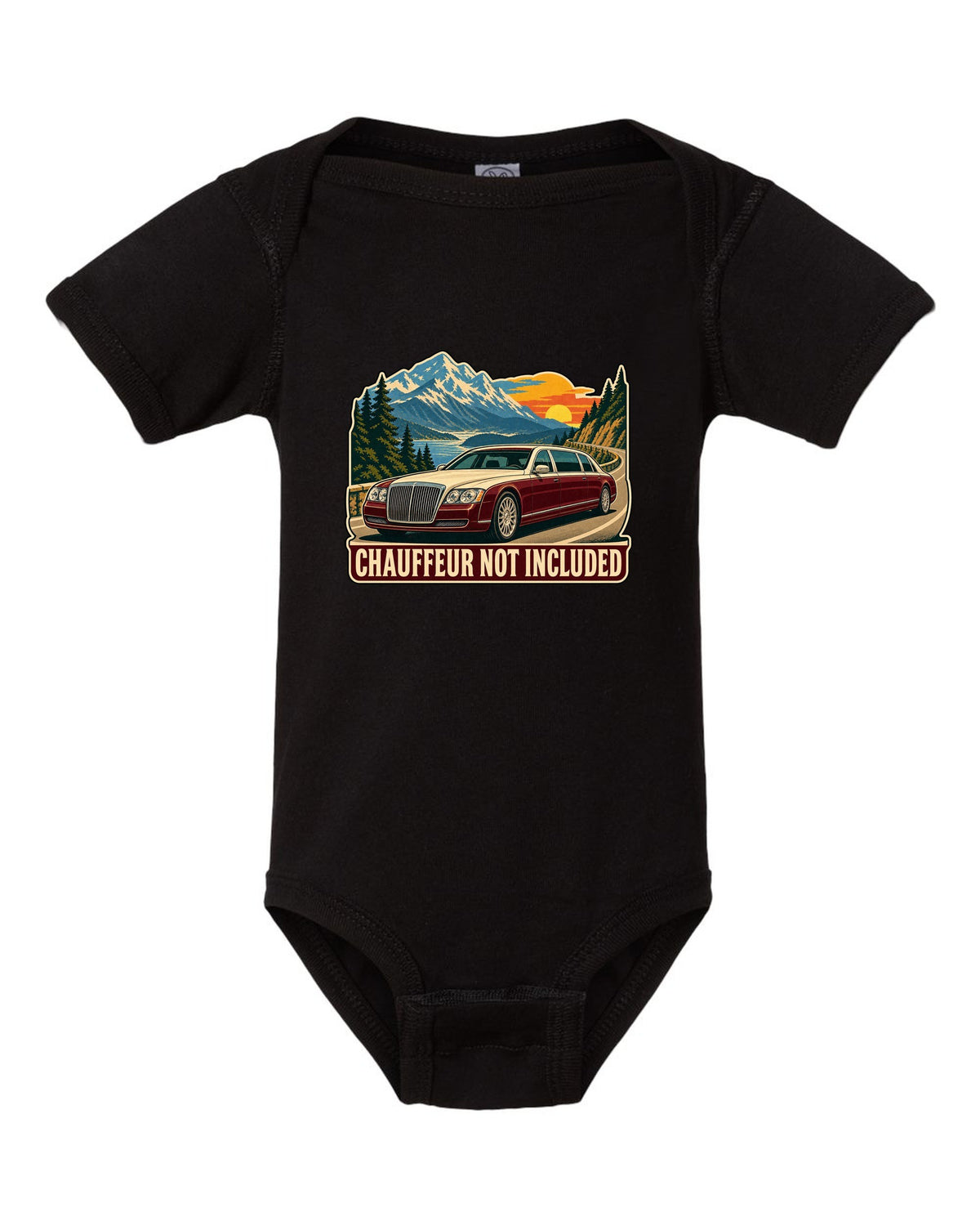 1960s litho travel poster of a Maybach 57 W240 with Chauffeur Not Included text black baby onesie front view with the design