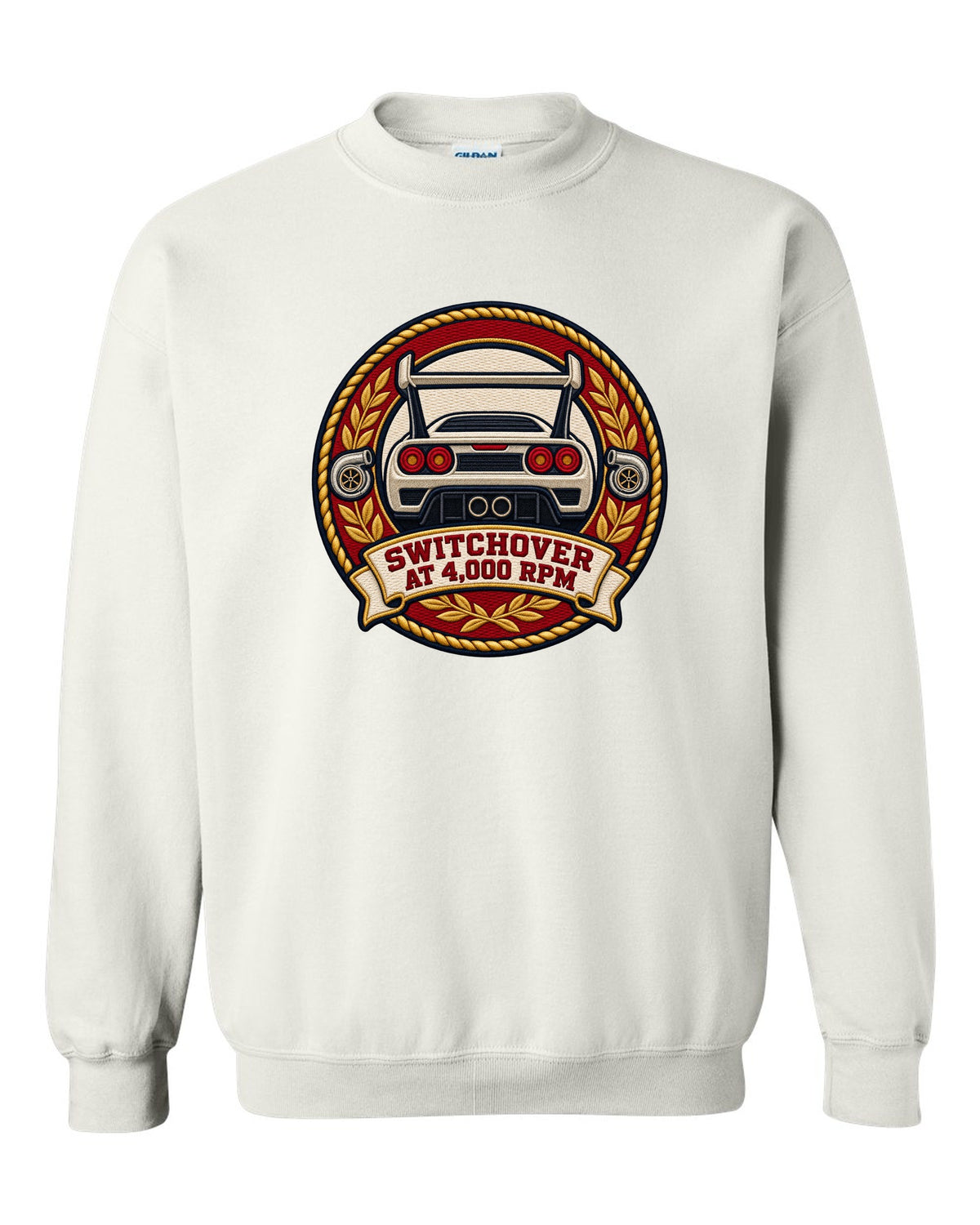 Varsity crest design for the Toyota Supra A80 JZA80 twin turbo white crewneck front view with the design