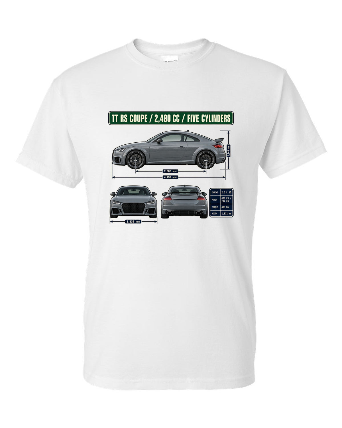 Audi TT RS 8S coupe dimension blueprint print with five-cylinder engine size white t-shirt front view with the design