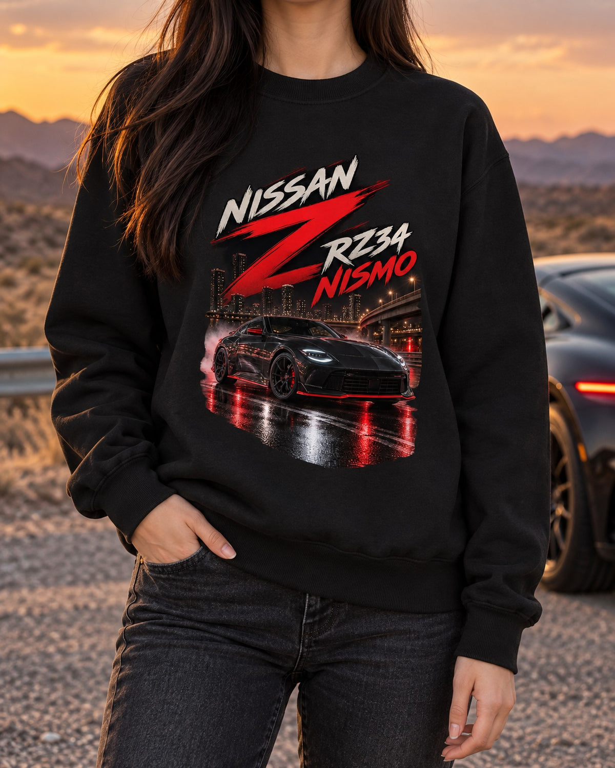 Nissan Z RZ34 Spec Poster Tee, 2022 Debut VR30DDTT Crewneck Black worn hero
