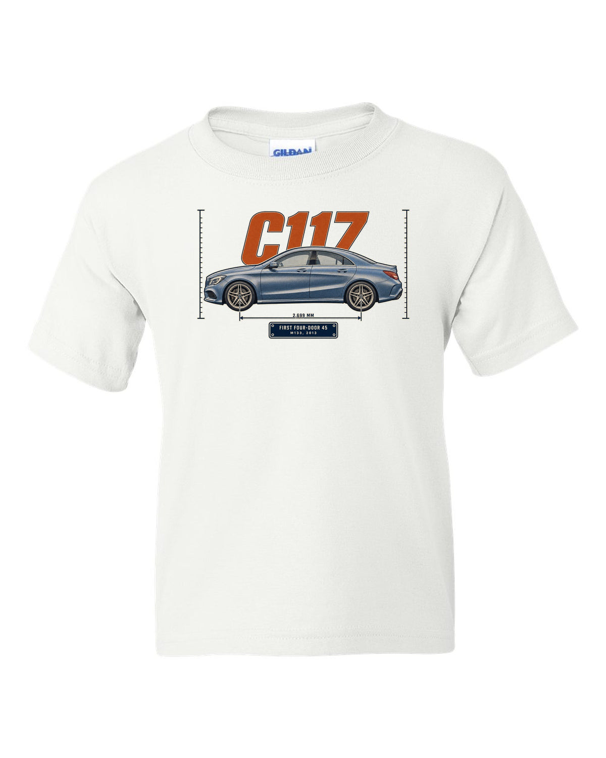 Mercedes-AMG CLA 45 C117 sedan halftone print white kids tee front view with the design