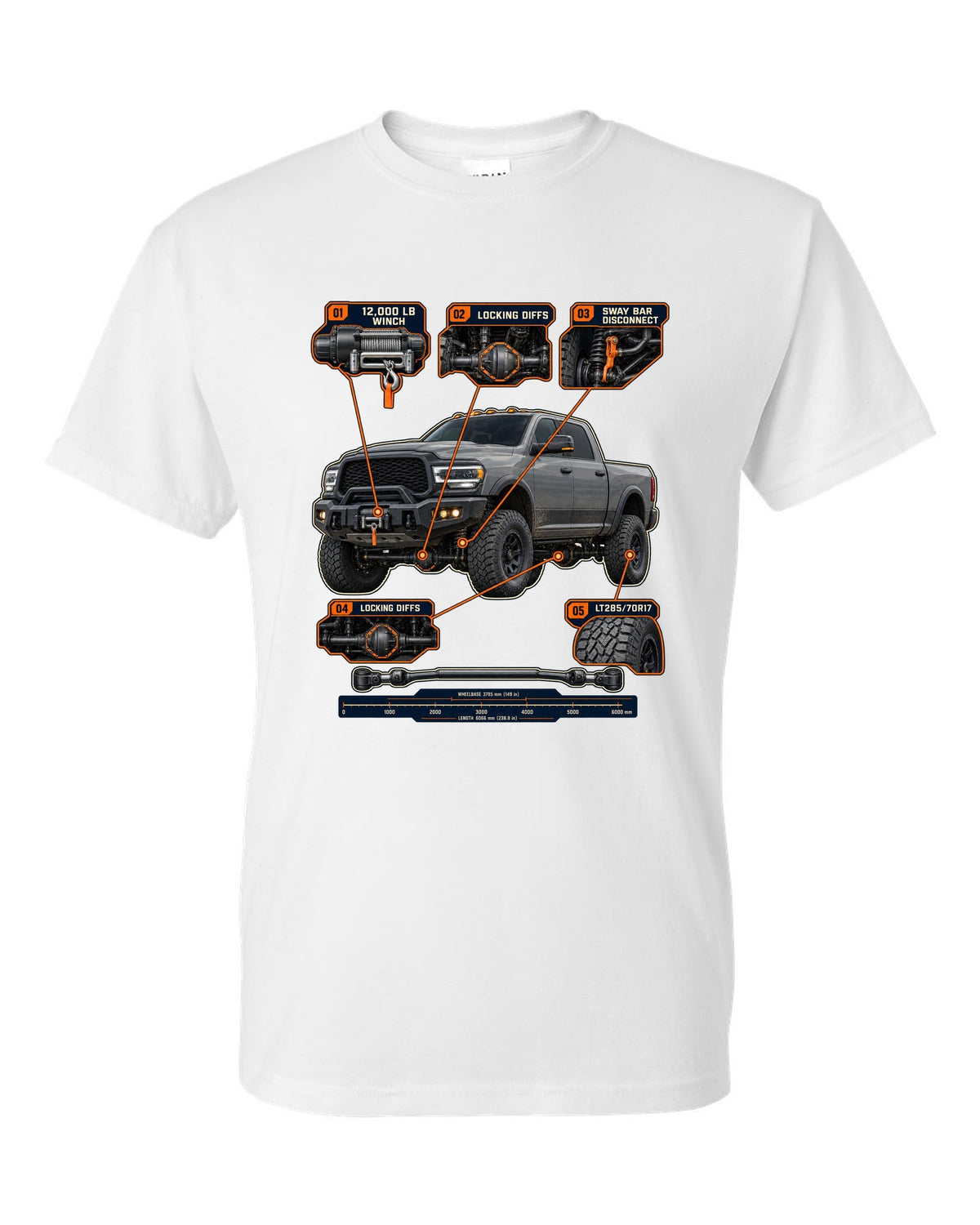 Ram 2500 Power Wagon callouts for winch, locking diffs and sway bar disconnect print white t-shirt front view with the design