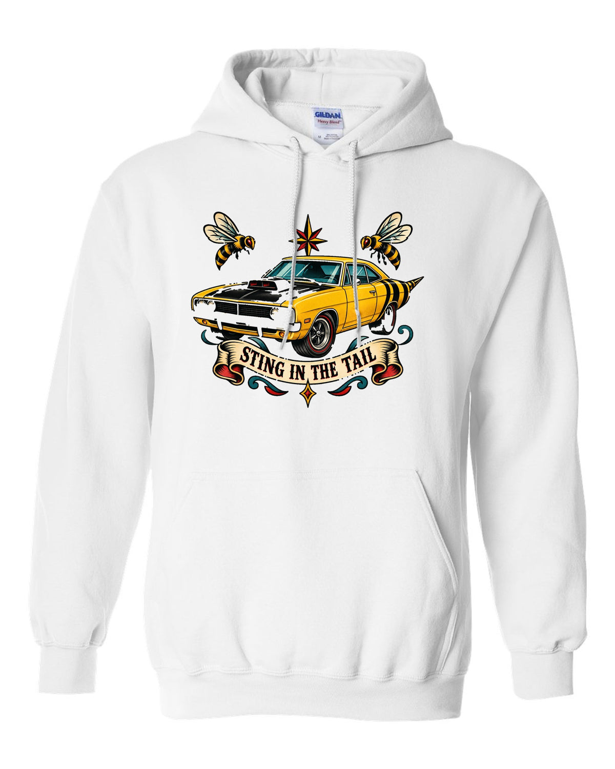 Hand-drawn tattoo flash print of a 1969 Dodge Coronet Super Bee with sting in the tail text white pull over hoodie front view with the design