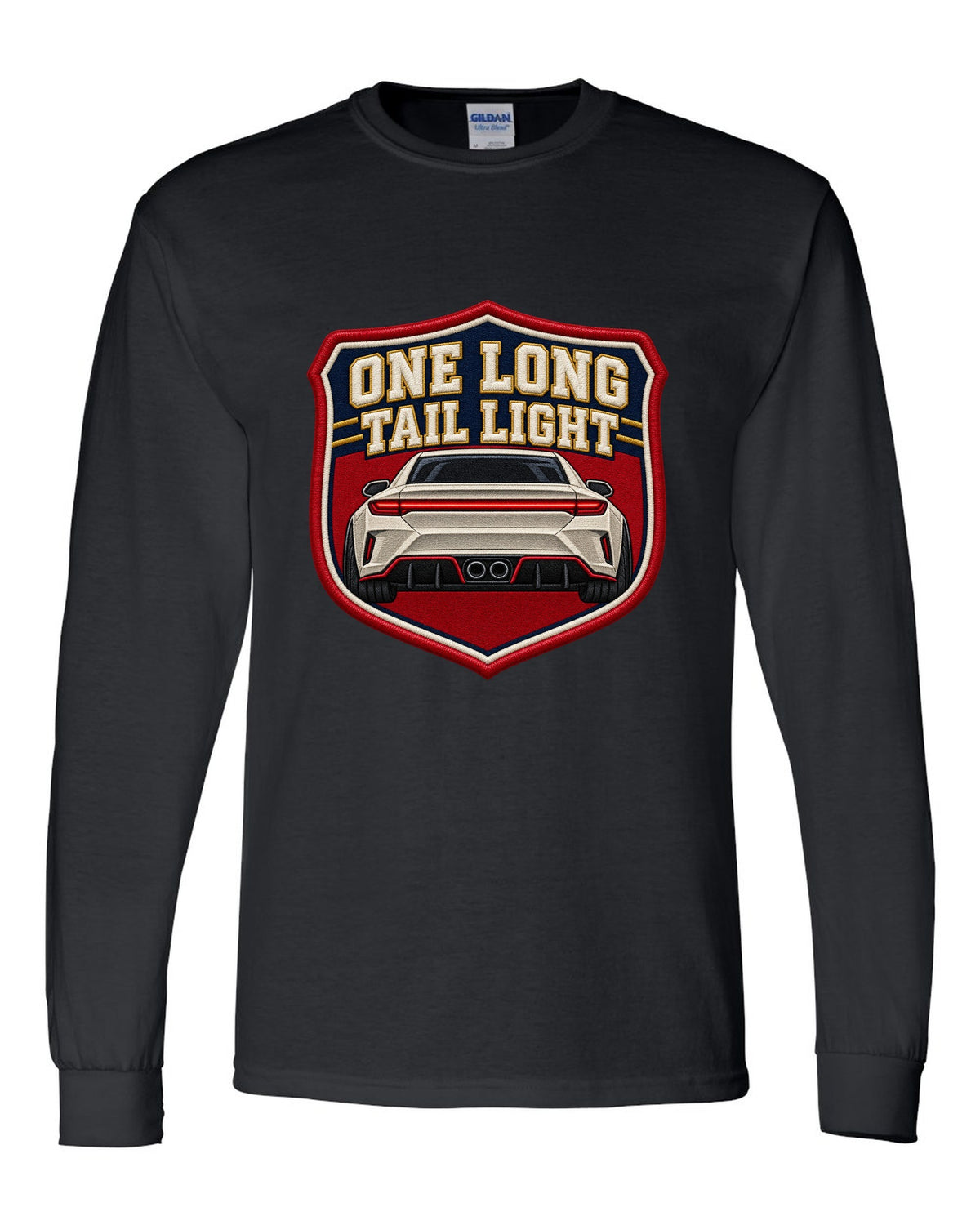 Embroidery varsity crest print of a Hyundai Elantra N CN7 rear with one long tail light text black long sleeve front view with the design