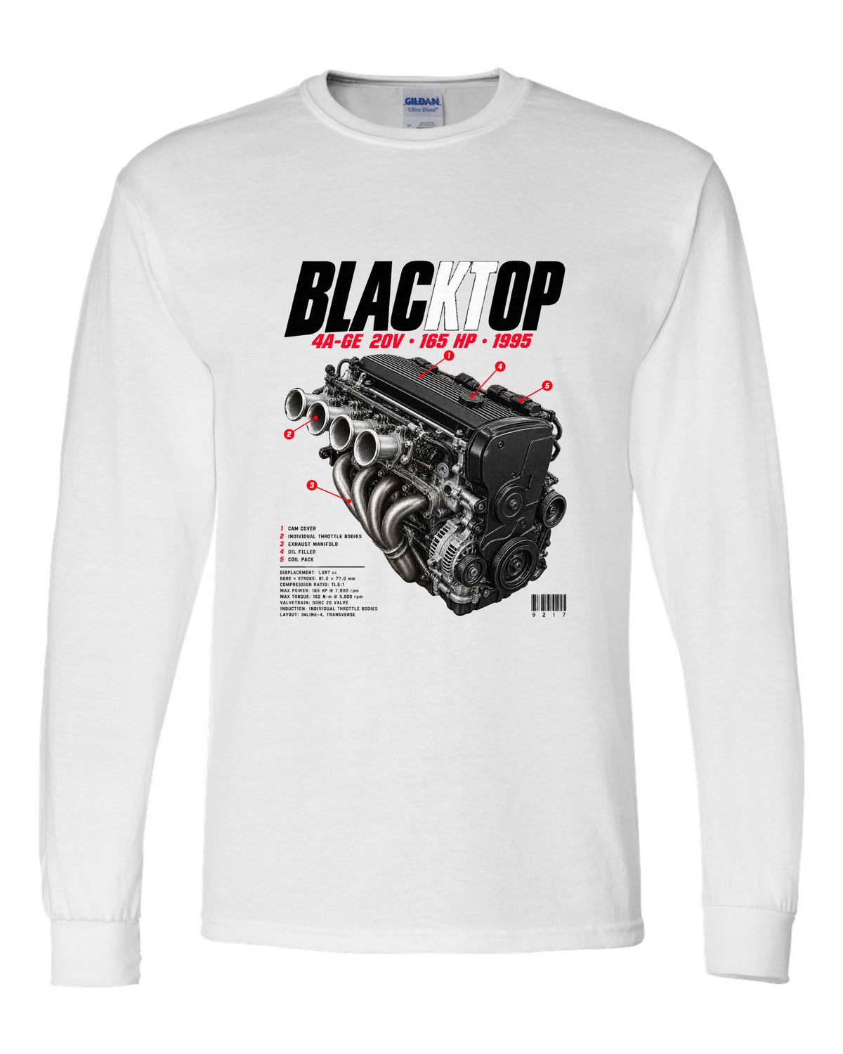 Engine bay hero print of the blacktop 4A-GE 20V in a Toyota Corolla Levin AE111 white long sleeve front view with the design
