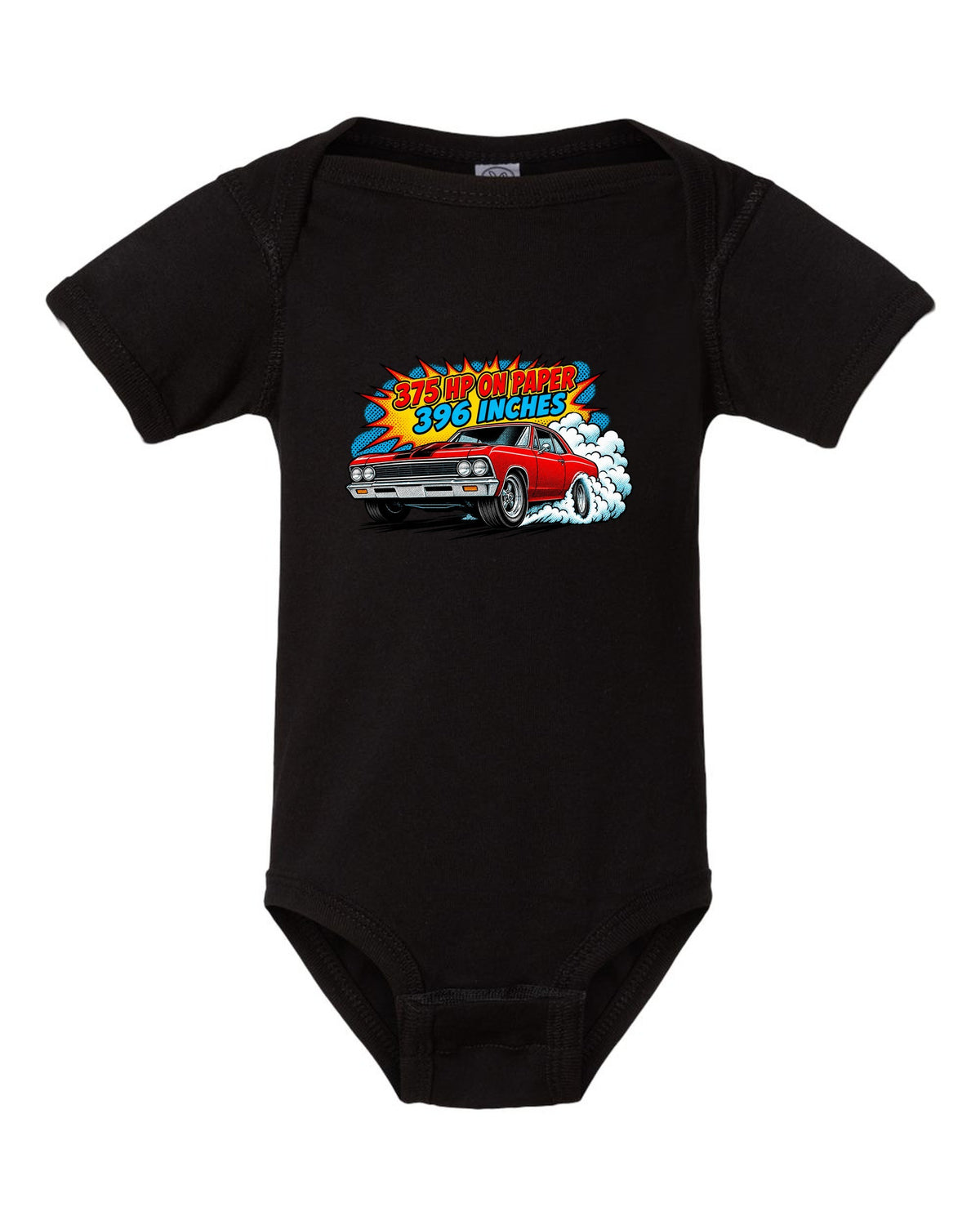 Comic halftone print of a 1966 Chevelle Malibu SS burnout with the text 375 HP on paper, 396 inches black baby onesie front view with the design