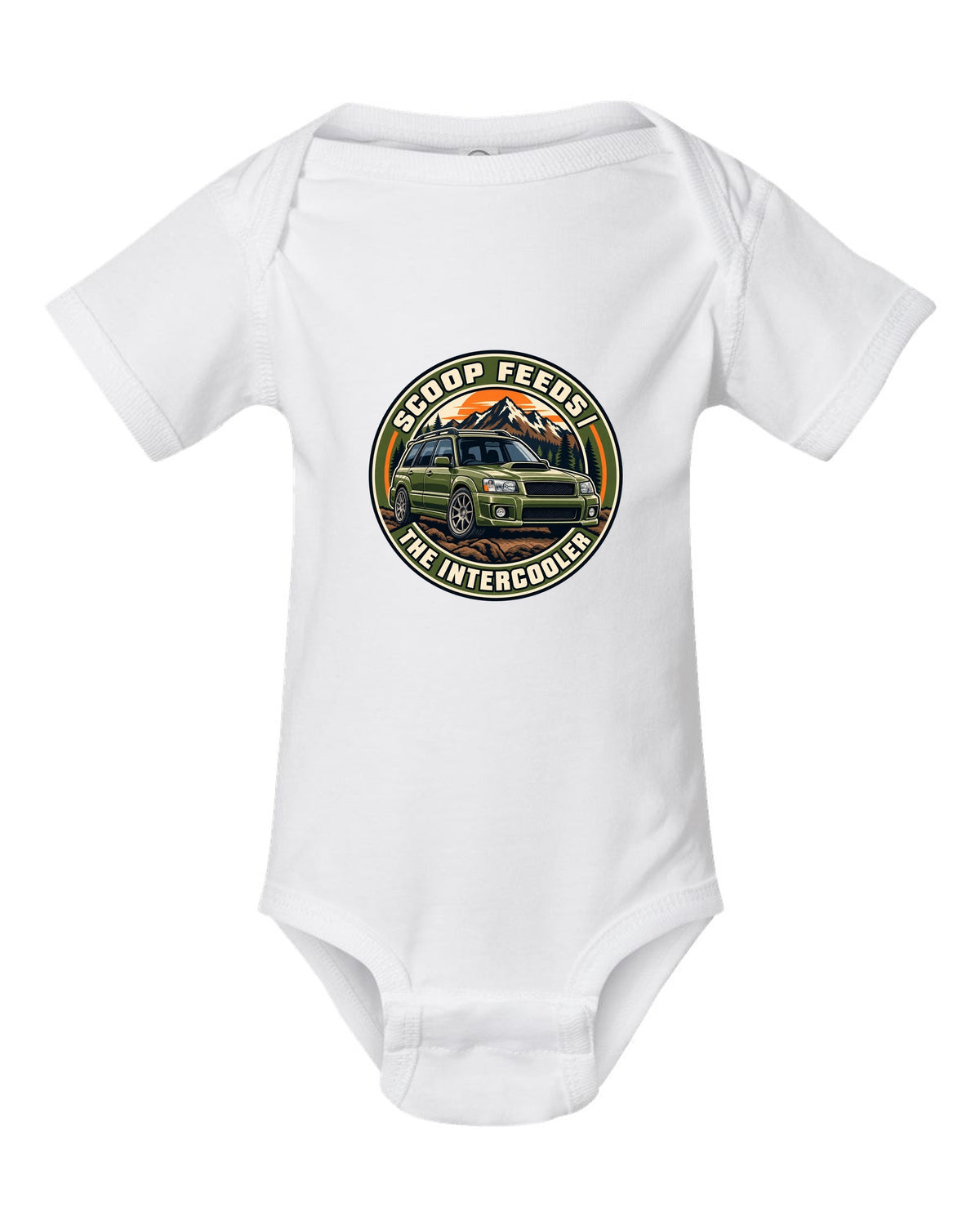 Round embroidered-style crest for a Subaru Forester SG9 about the hood scoop feeding the intercooler white baby onesie front view with the design