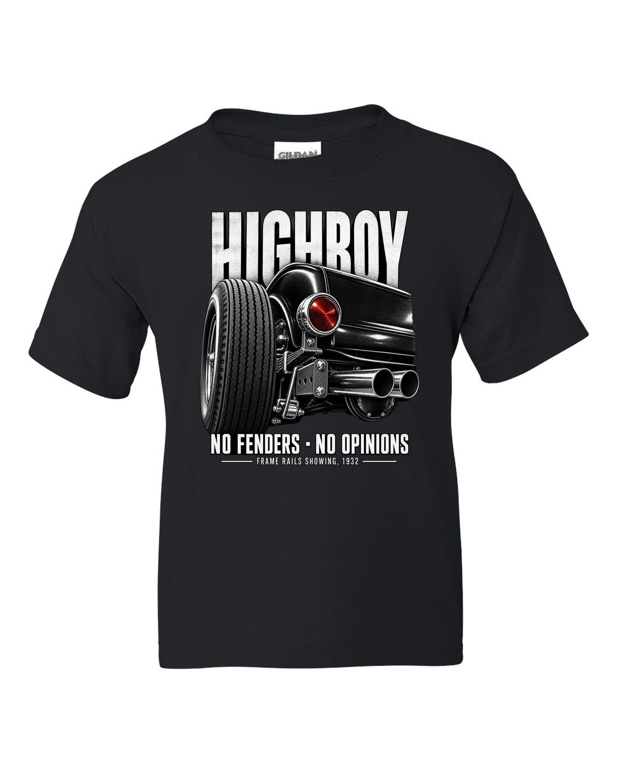 Rear taillight detail print of a 1932 Ford Deuce highboy roadster black kids tee front view with the design