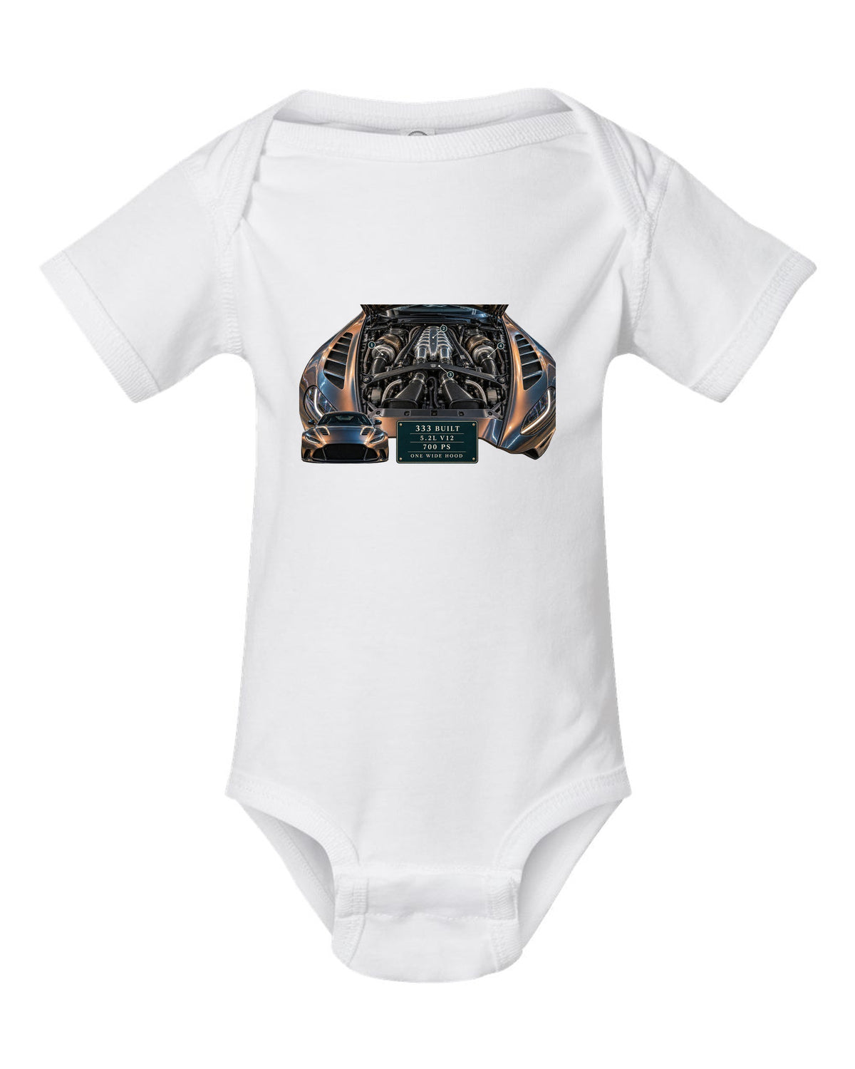 Aston Martin V12 Vantage 2022 engine hero print with 333 built 5.2L V12 700 PS text white baby onesie front view with the design