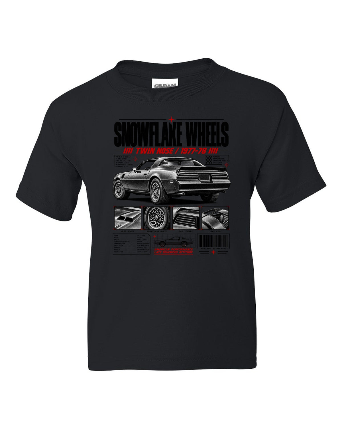 print dossier panels of a 1978 Pontiac Firebird Formula with snowflake wheels black kids tee front view with the design