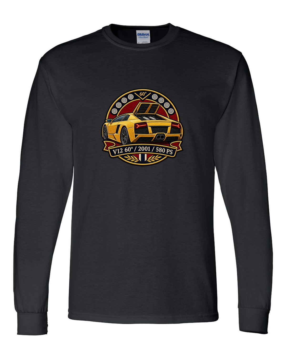 Embroidery-style varsity crest design of a 2001 Lamborghini Murcielago with V12 and 580 PS text black long sleeve front view with the design
