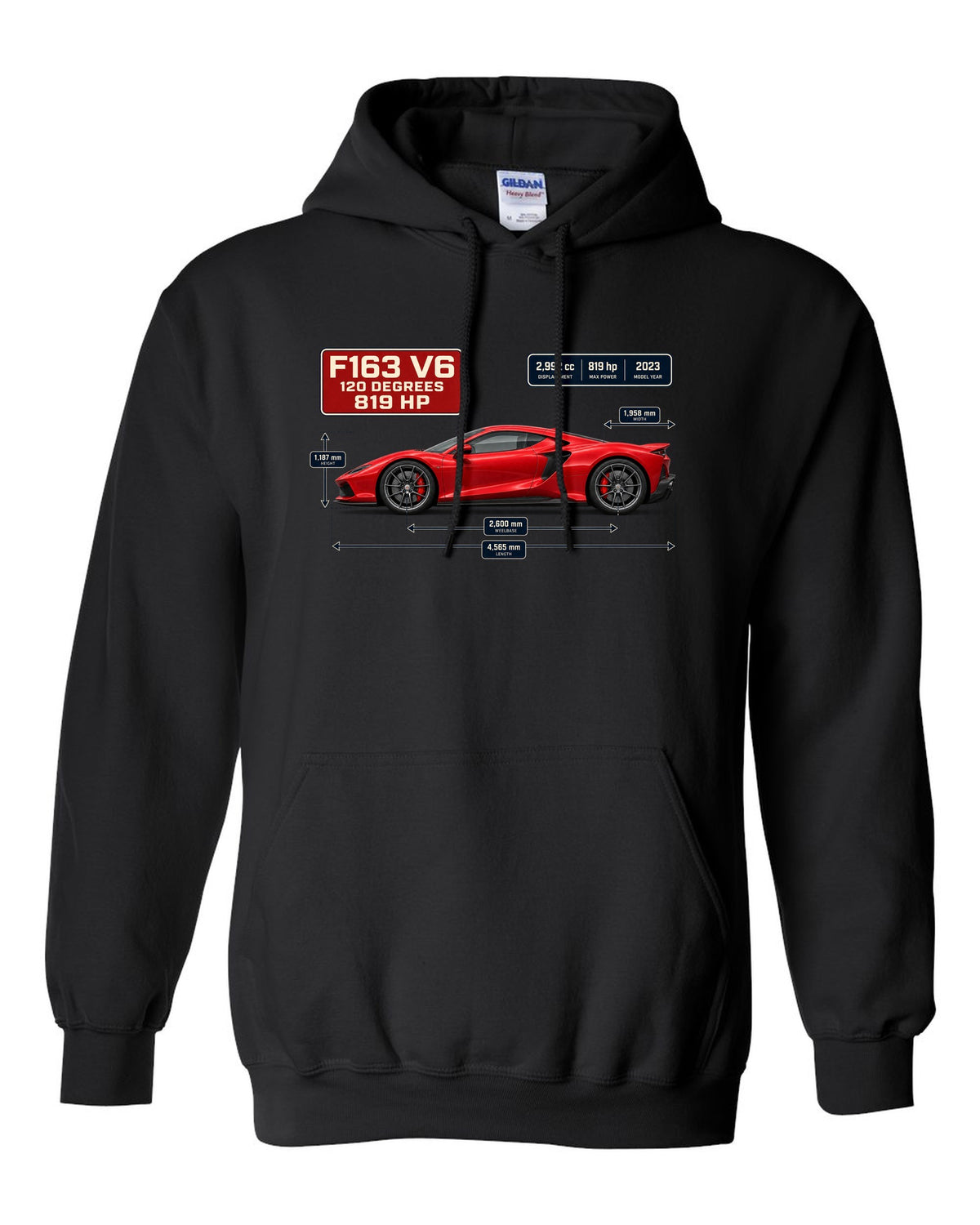 Blueprint style print of a signal red Ferrari 296 GTB with dimension lines black pull over hoodie front view with the design