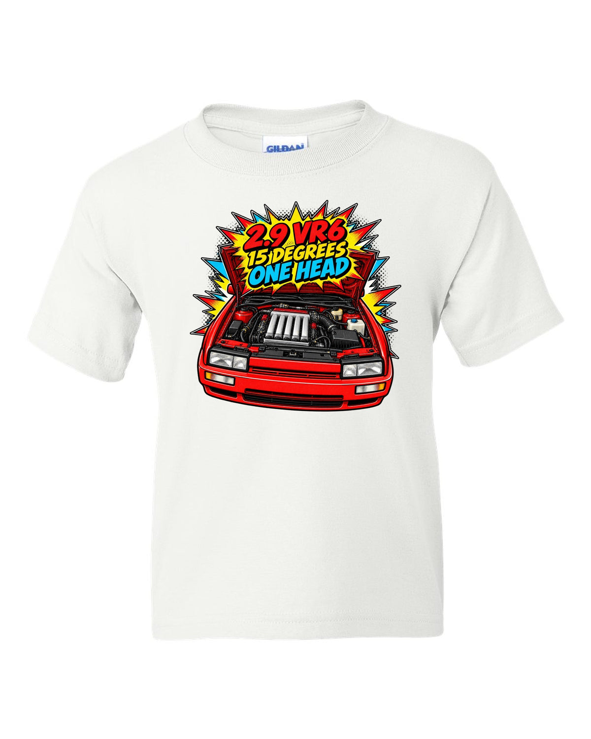 Comic halftone pop-art VW Corrado VR6 with 2.9 VR6 15 degrees one head text white kids tee front view with the design