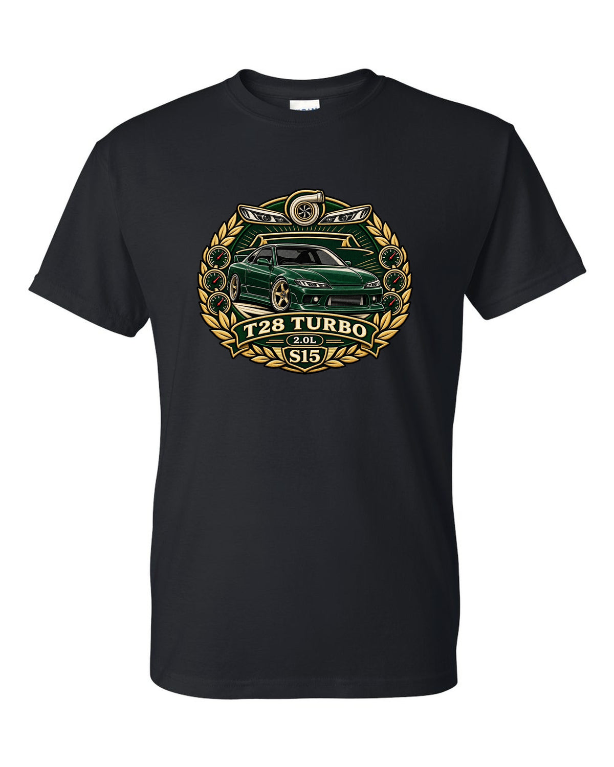 Round crest print for the Nissan Silvia S15 with turbo 2.0L engine lettering black t-shirt front view with the design