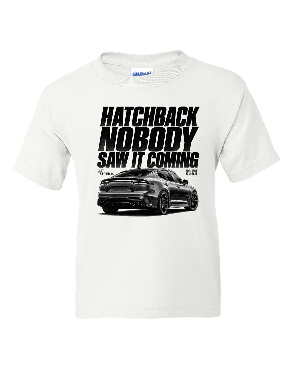 Halftone print of a Kia Stinger GT CK rear three-quarter low angle with chback text white kids tee front view with the design