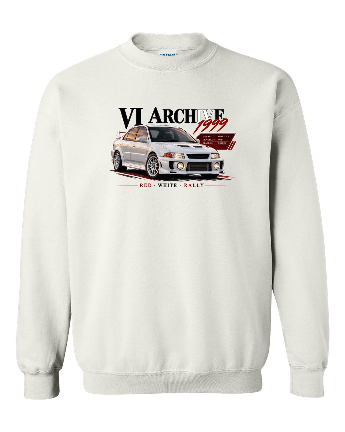 Archive panel print for the Mitsubishi Lancer Evolution VI CP9A listing 4G63 turbo, AWD, 5-speed, red white rally white crewneck front view with the design
