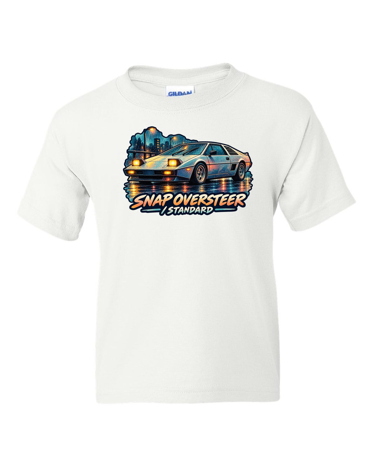 Watercolour wash of a Toyota MR2 AW11 driving in rain with oversteer slogan white kids tee front view with the design