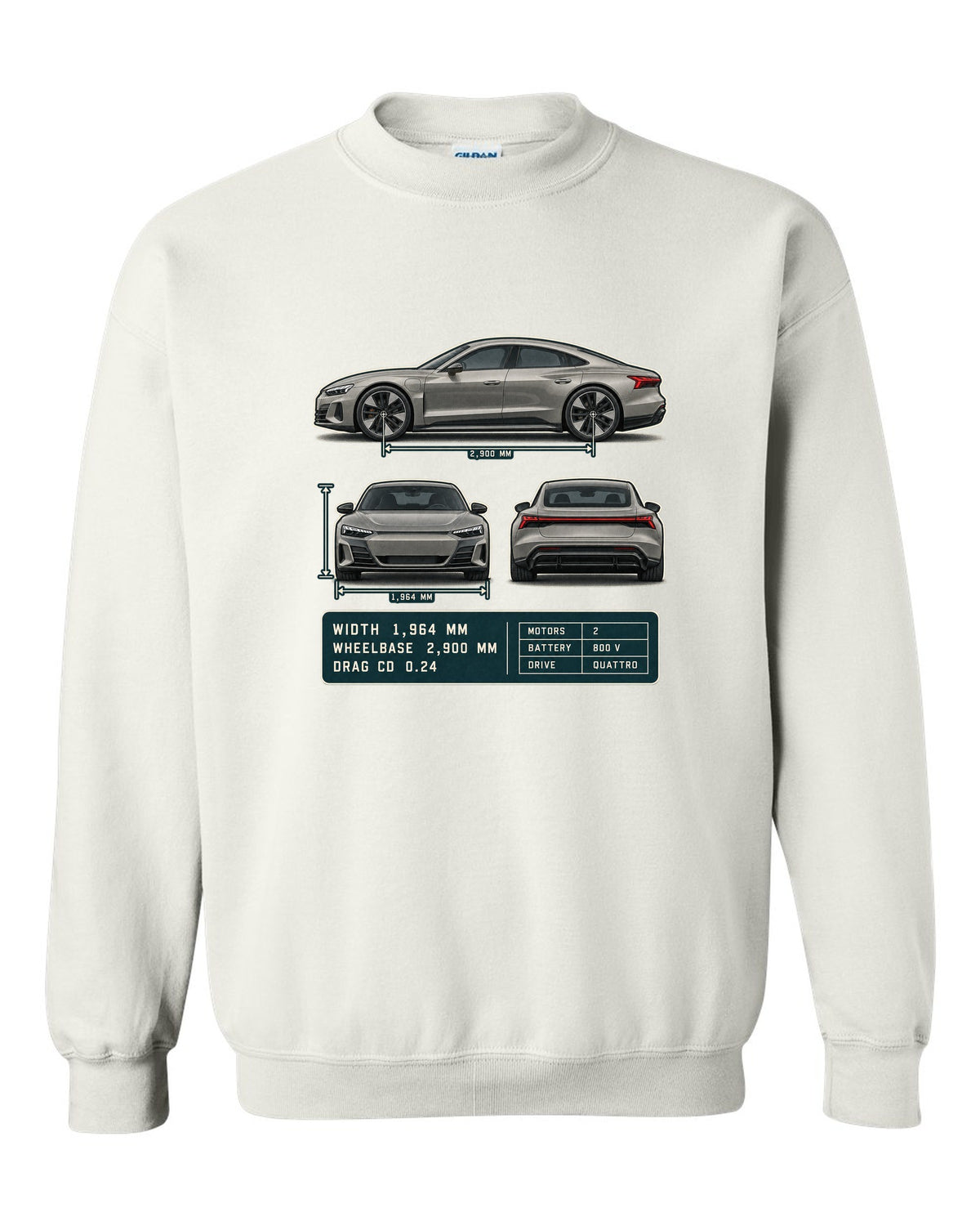 Audi RS e-tron GT Three-View Spec Table Tee, Cd 0.24 Car white crewneck front view with the design