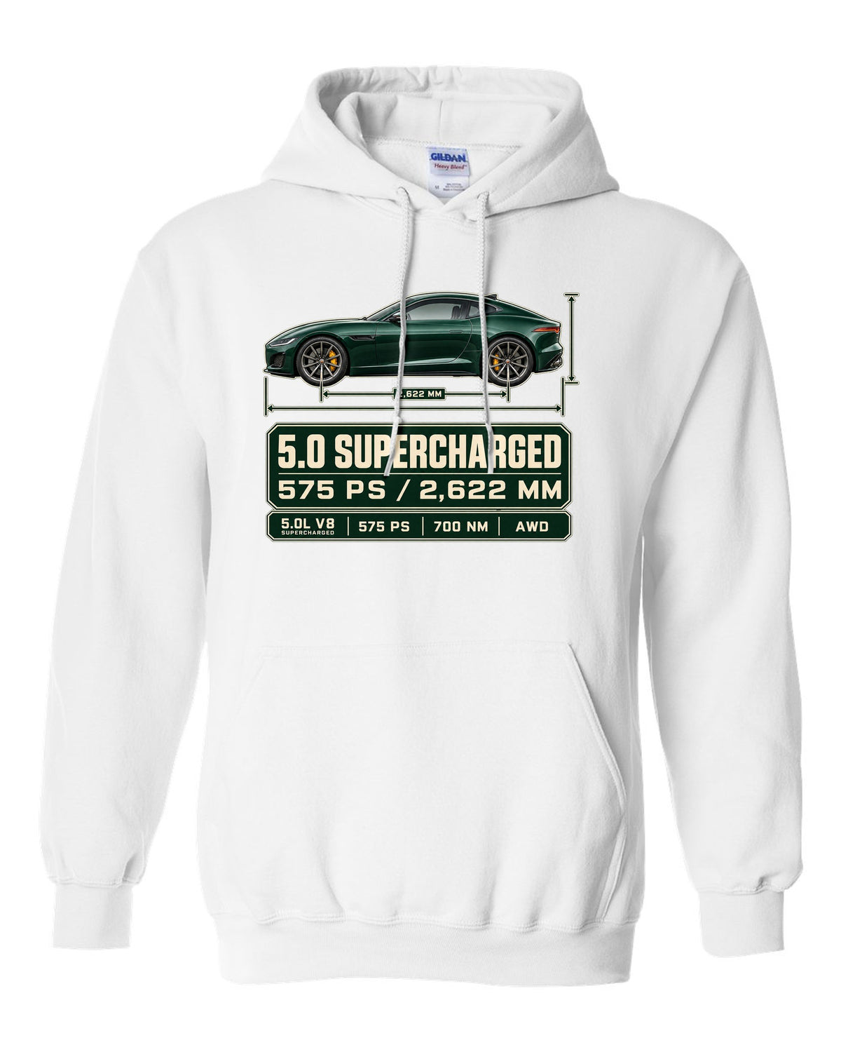 Spec poster print of the Jaguar F-Type R Coupe with 5.0 supercharged and 575 PS text white pull over hoodie front view with the design