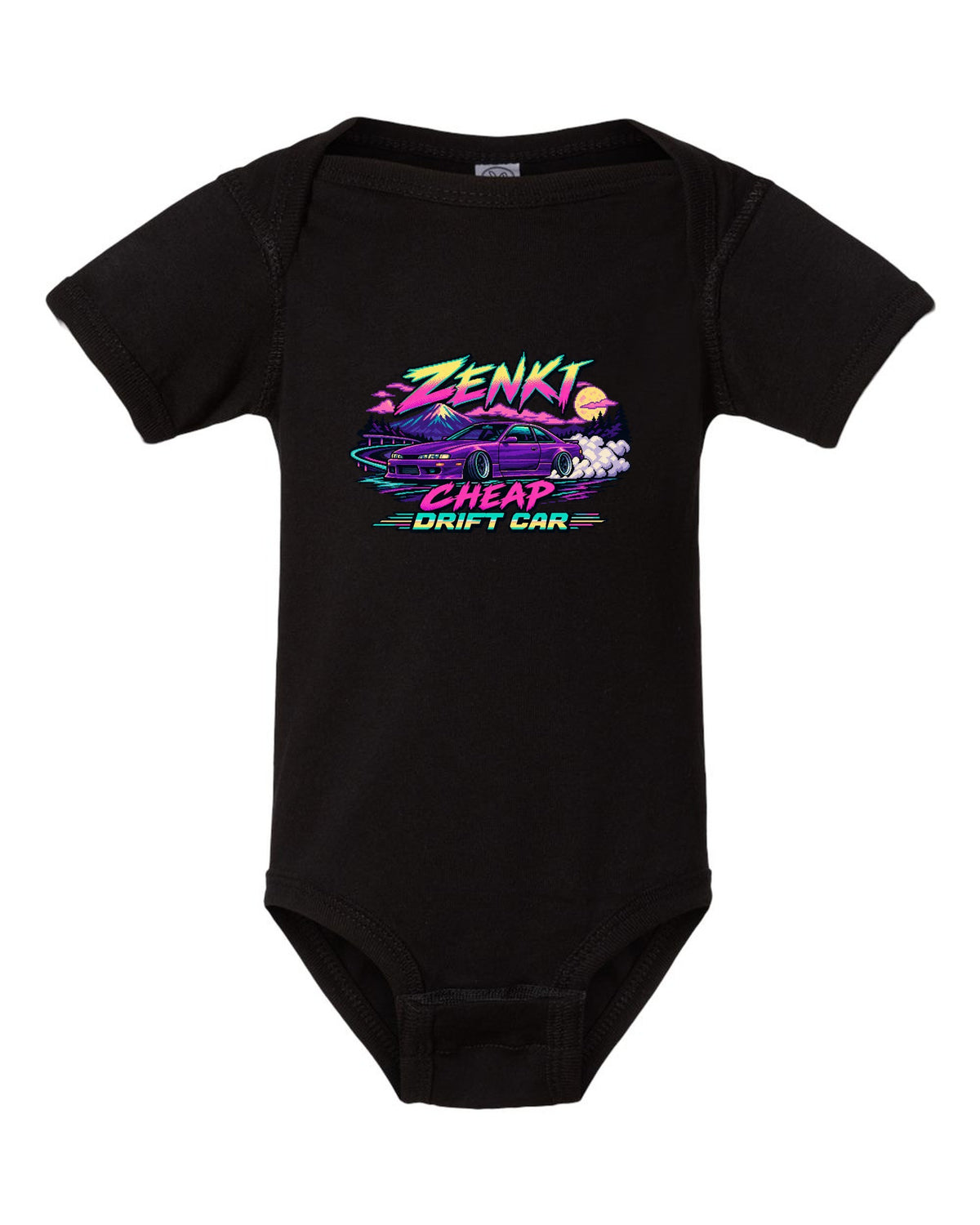 16-bit pixel art print of a Nissan Silvia S14 zenki drift car black baby onesie front view with the design
