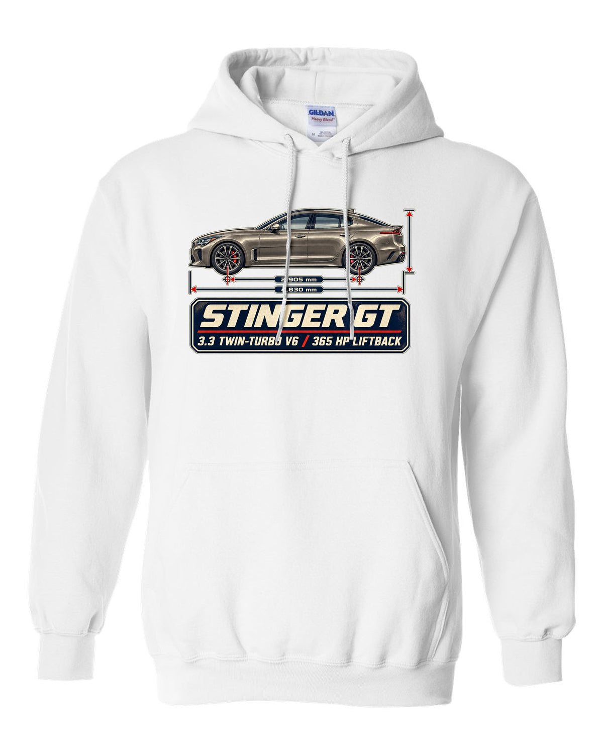 Kia Stinger GT dimension blueprint print on a shirt white pull over hoodie front view with the design