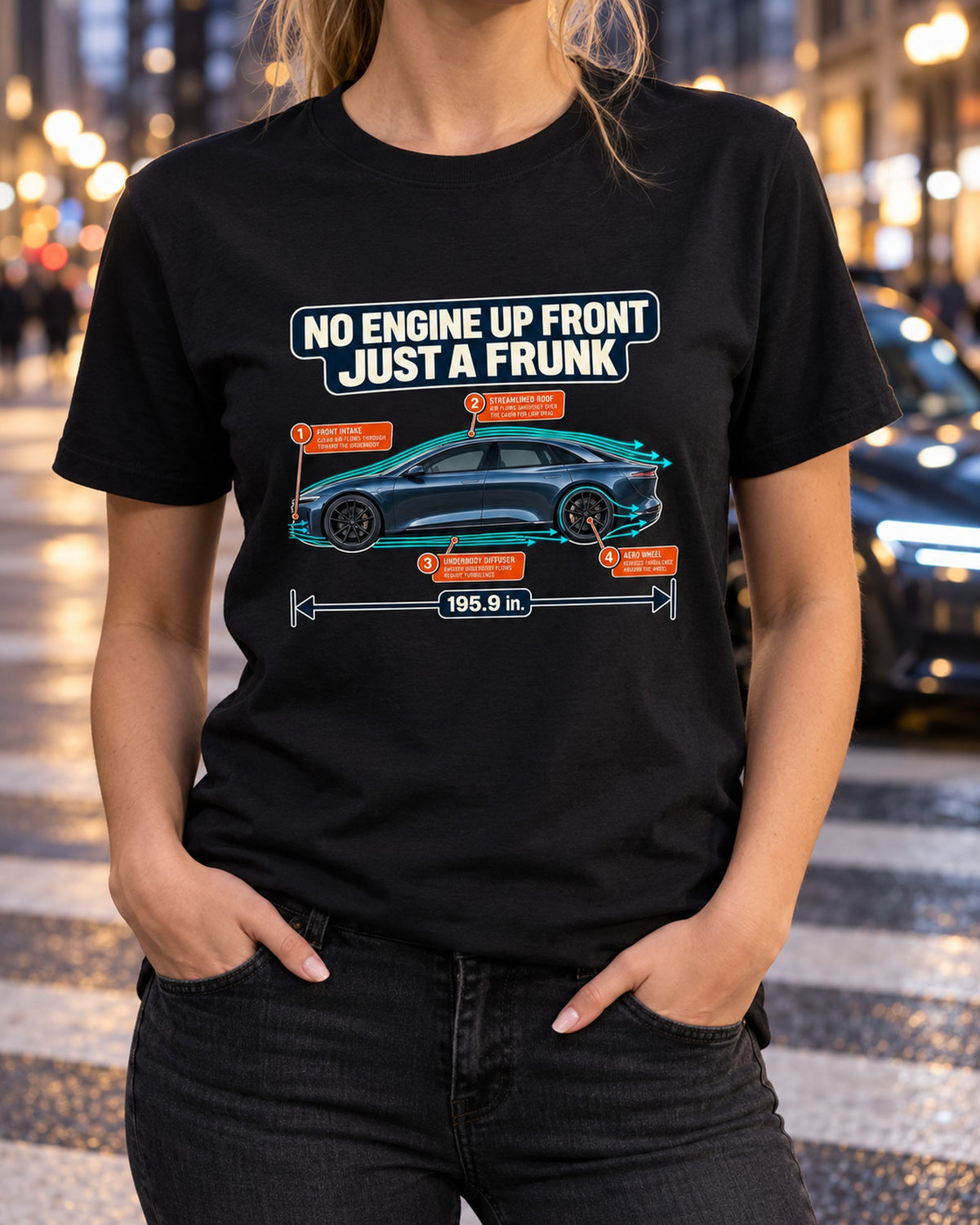 Lucid Air Sapphire Aero Callouts Shirt, No Engine, Just a Frunk T-Shirt Black worn hero
