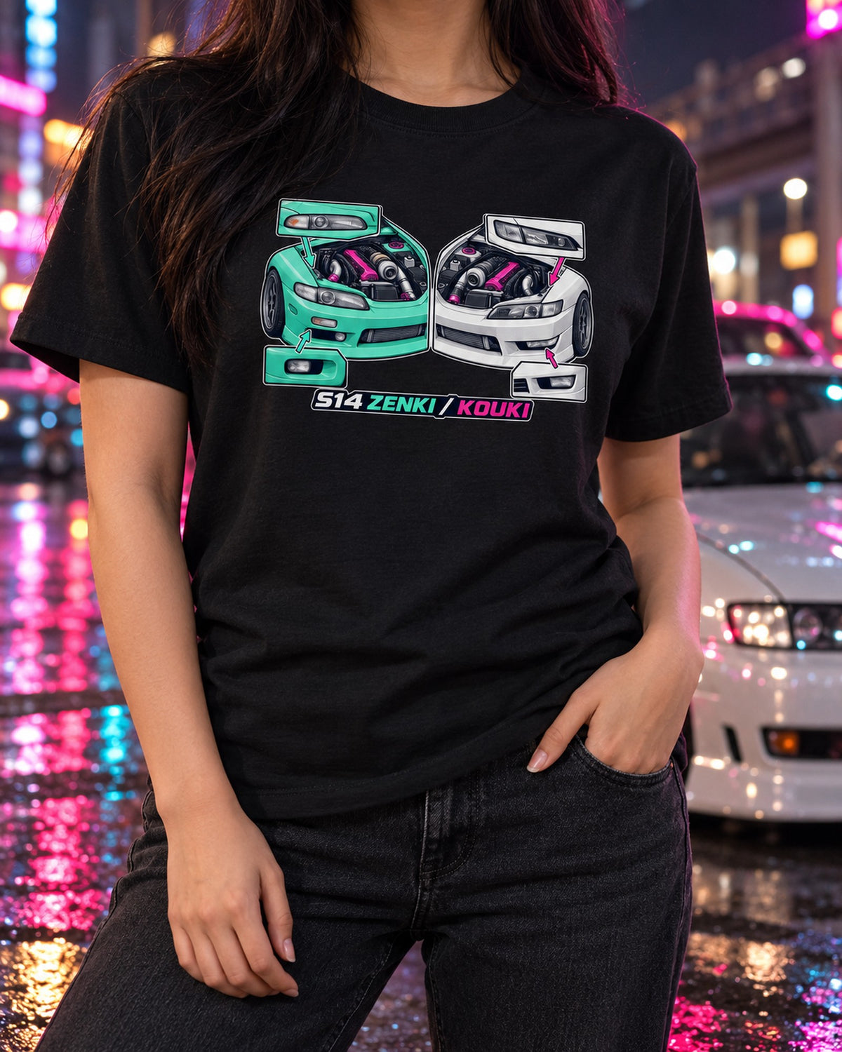 Silvia S14 Zenki vs Kouki Isometric Cutaway Car Guy Tee T-Shirt Black worn hero