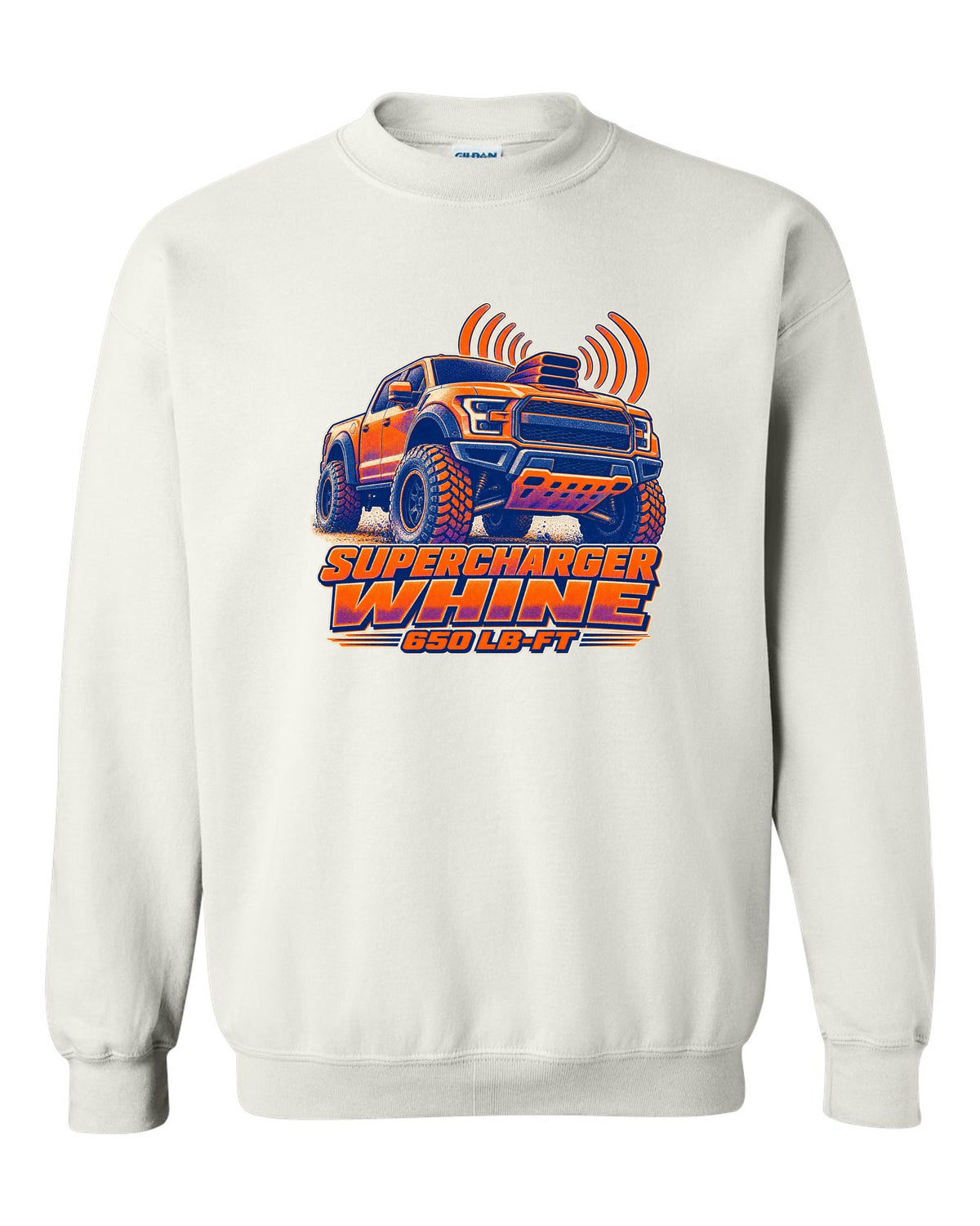 Halftone risograph print of a Ram 1500 TRX hood scoop with supercharger whine text white crewneck front view with the design
