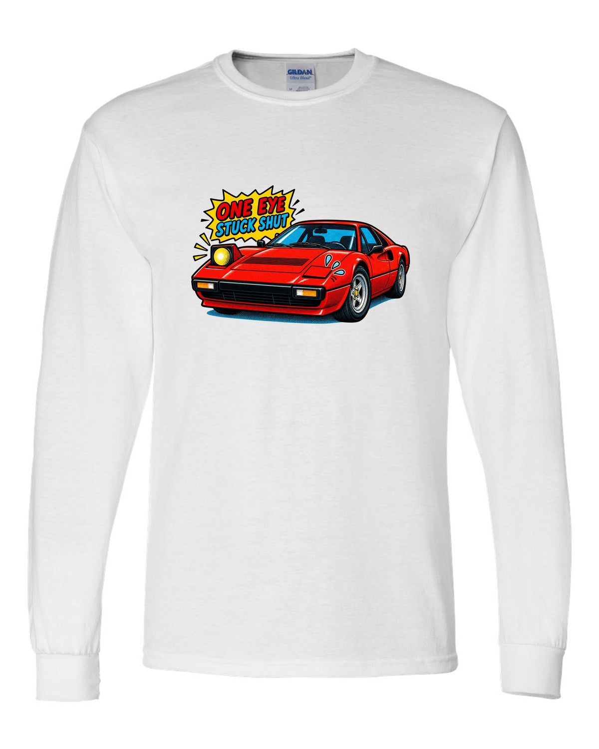 Comic halftone print of a Ferrari 308 GTB with one pop-up headlight stuck shut white long sleeve front view with the design