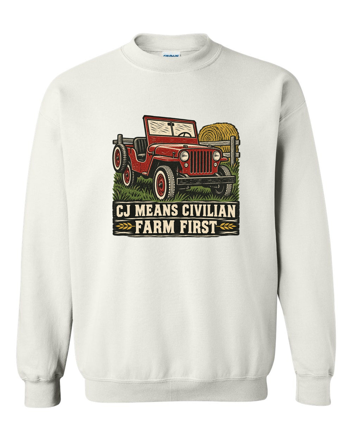 Linocut-style print of a Jeep CJ-2A with civilian farm text white crewneck front view with the design