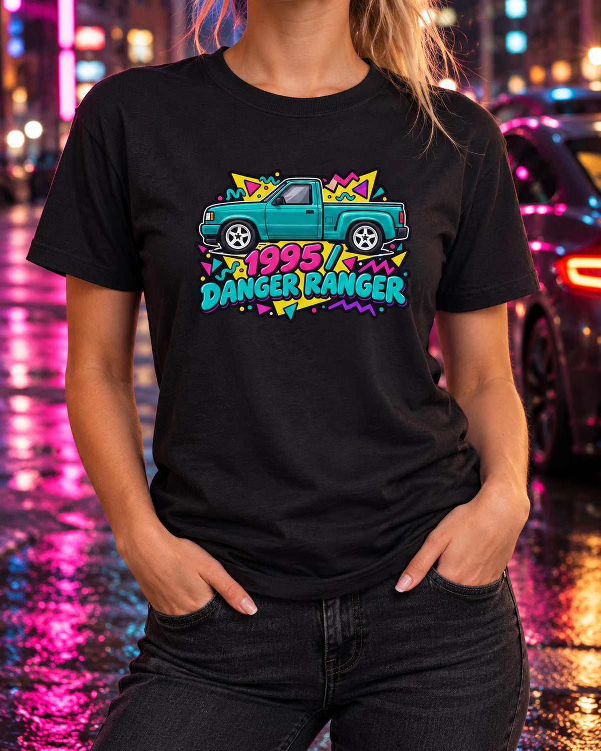 Ford Ranger 1995 Stepside 90s Memphis Style Shirt T-Shirt Black worn hero