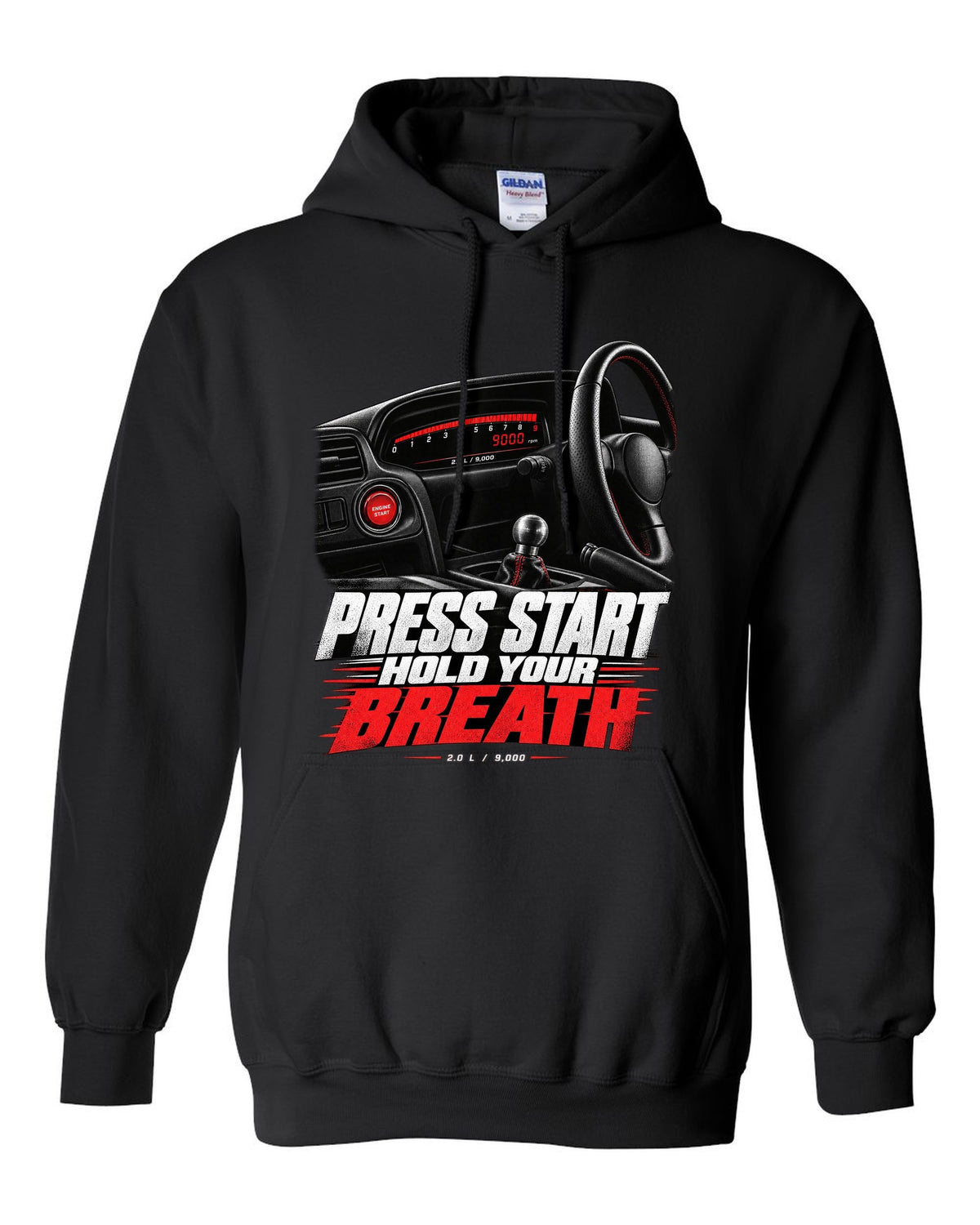 Honda S2000 AP1 roadster cockpit gauge design with press start text black pull over hoodie front view with the design