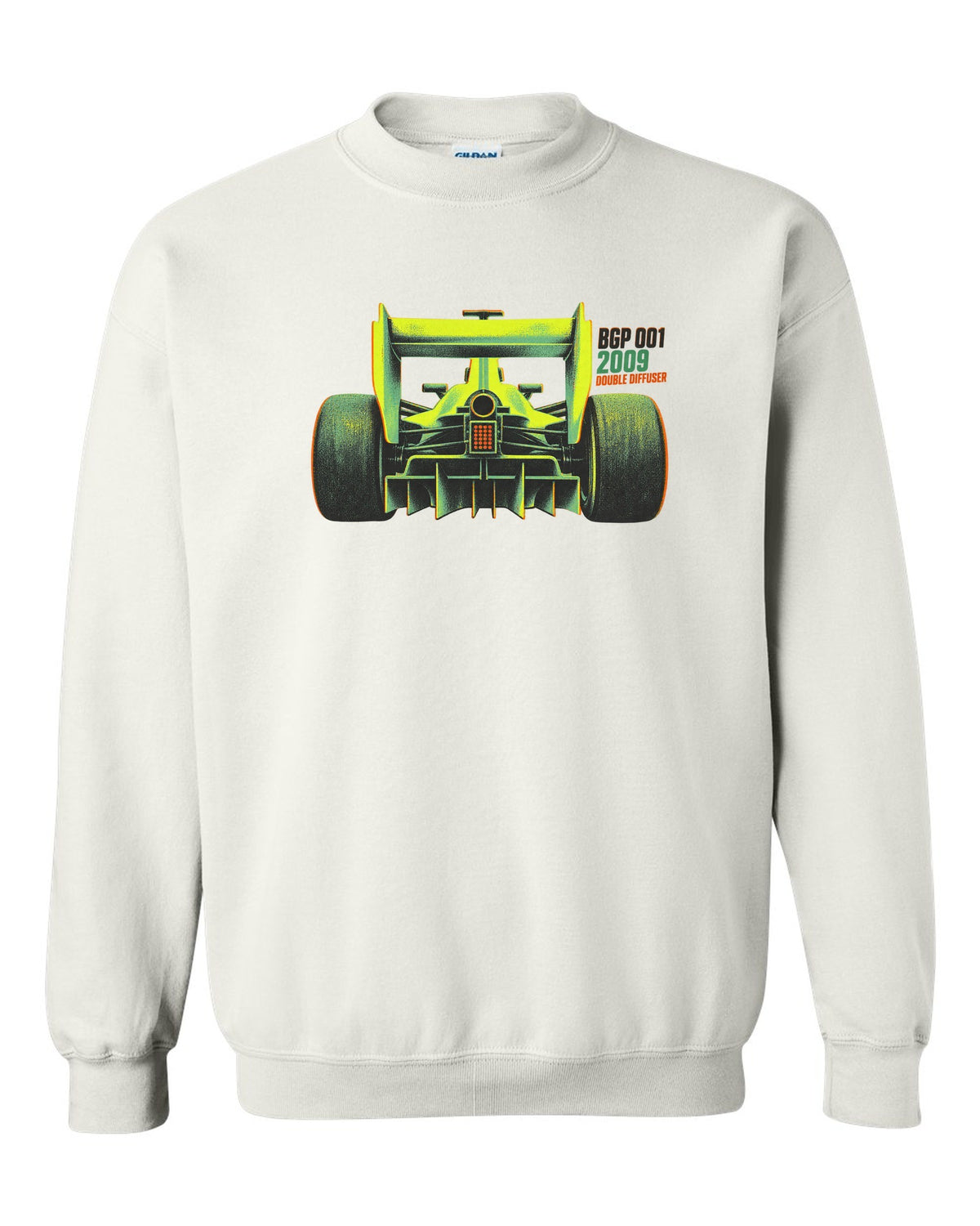 Risograph style Brawn BGP 001 Formula 1 car with double diffuser lettering white crewneck front view with the design