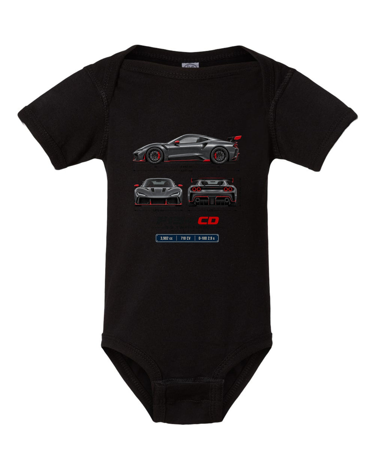 Ferrari F8 Tributo three-view spec table print with F154 CD engine code black baby onesie front view with the design