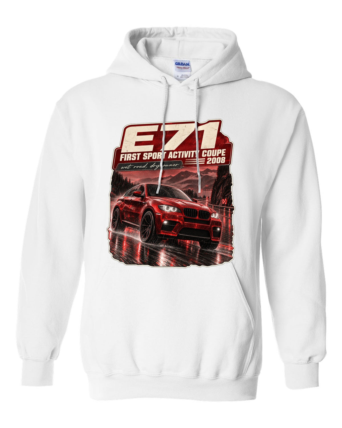 BMW X6 M E71 night street touge print on a tee white pull over hoodie front view with the design