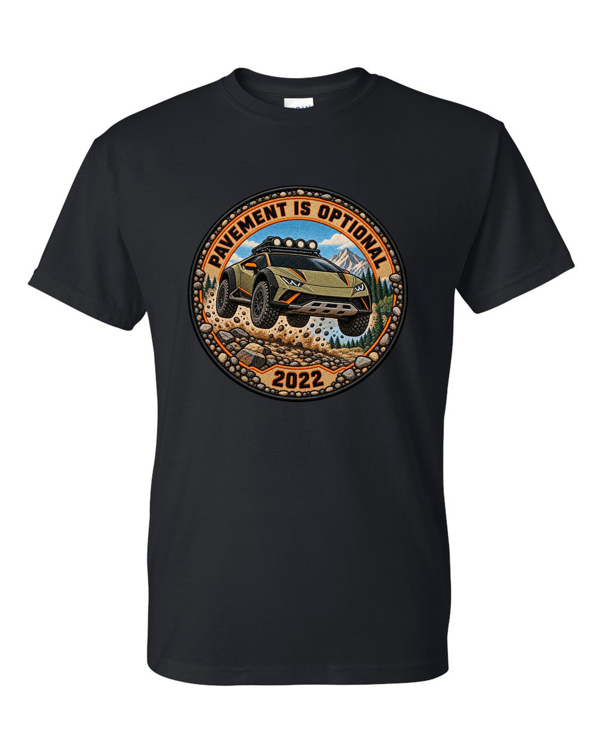 Embroidery-style round crest of a Lamborghini Huracan Sterrato LP610-4 with text PAVEMENT IS OPTIONAL / 2022 black t-shirt front view with the design