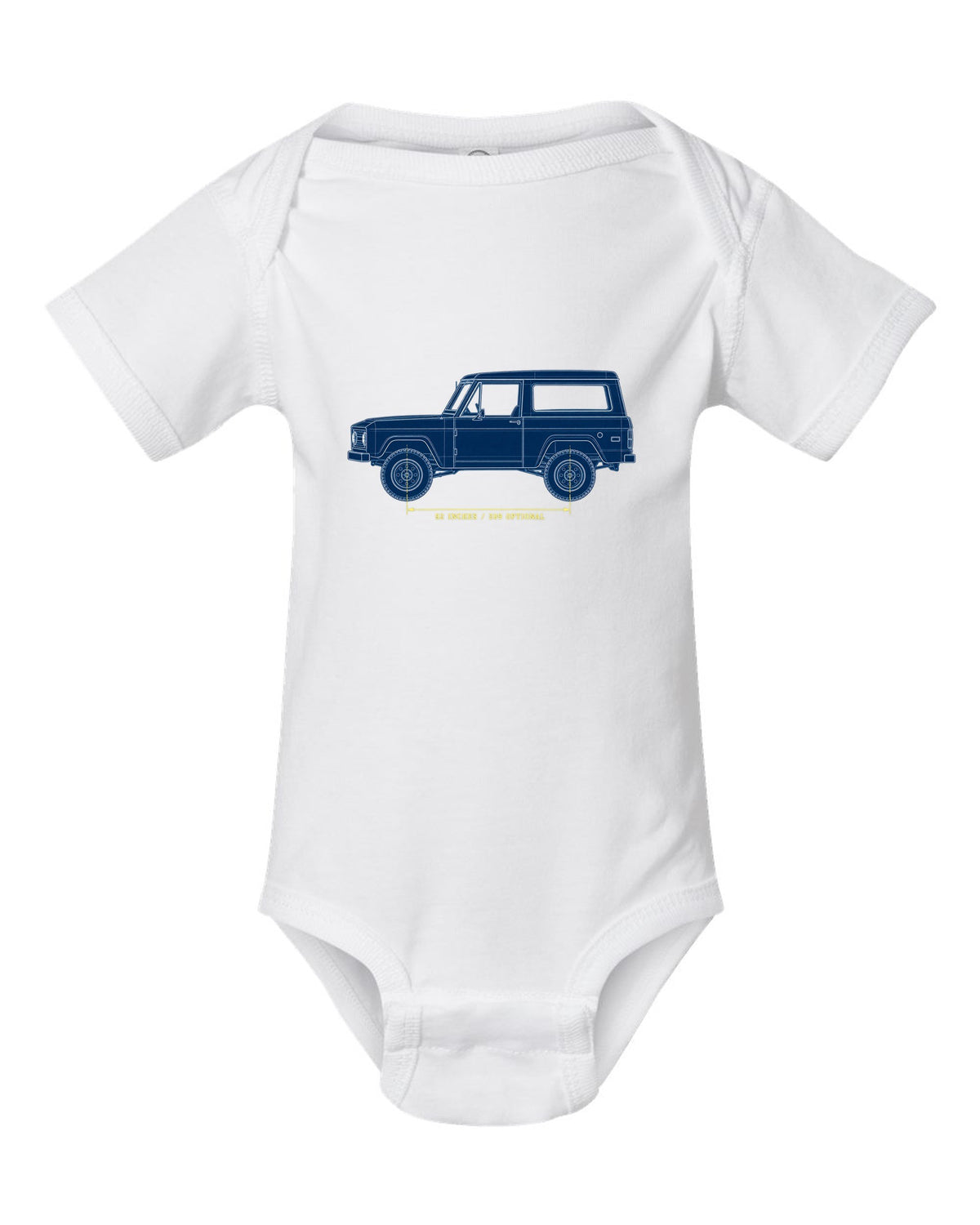Patent-sheet blueprint drawing of a 1966-77 Ford Bronco U15 wagon with 92 INCHES and 289 OPTIONAL notes white baby onesie front view with the design
