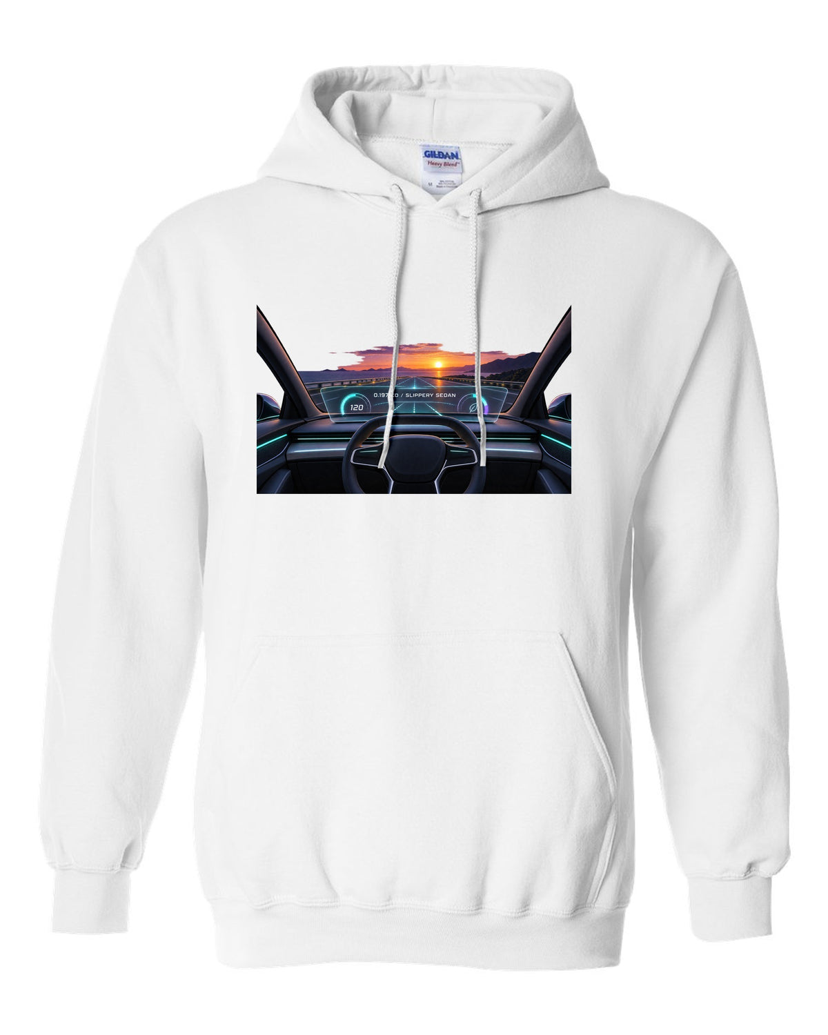 Lucid Air Sapphire gauge cluster HUD print with the text 0.197 Cd slippery sedan white pull over hoodie front view with the design