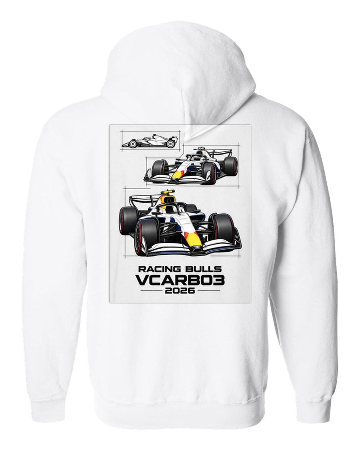 Racing Bulls VCARB 03 2026 F1 car technical poster artwork white zip hoodie back view with the design