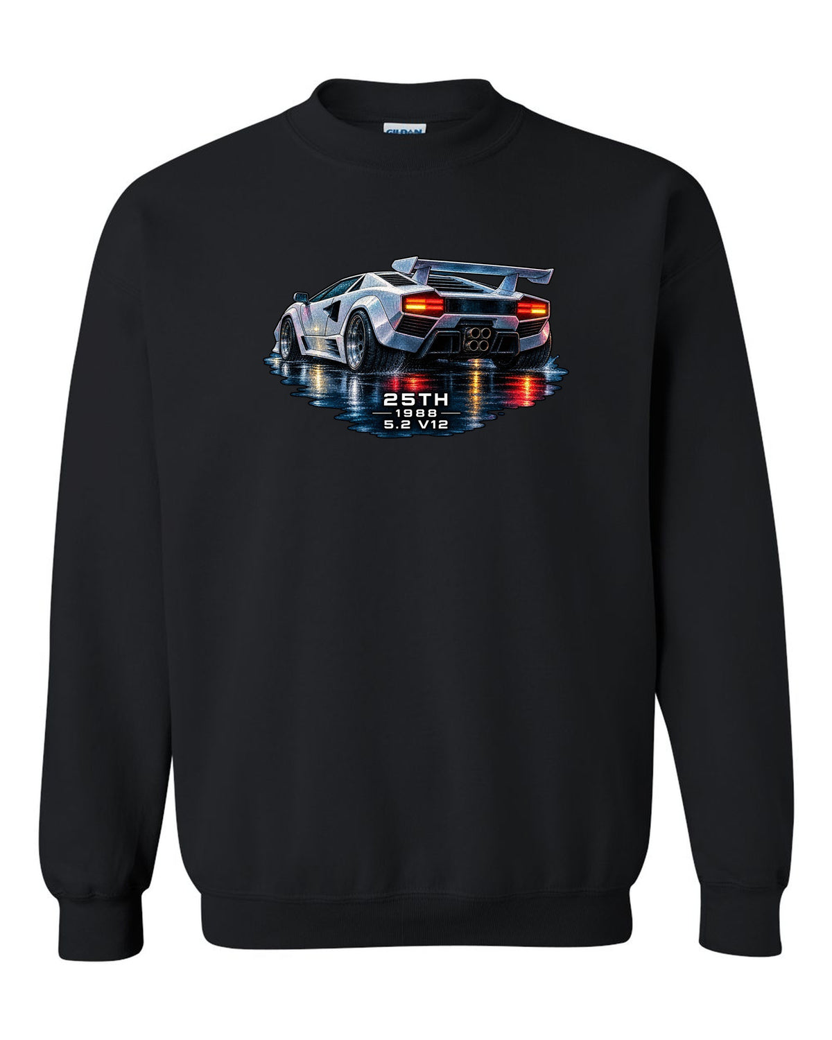 Watercolour wet-road night scene of a Lamborghini Countach 25th Anniversary with 25th 1988 5.2 V12 text black crewneck front view with the design