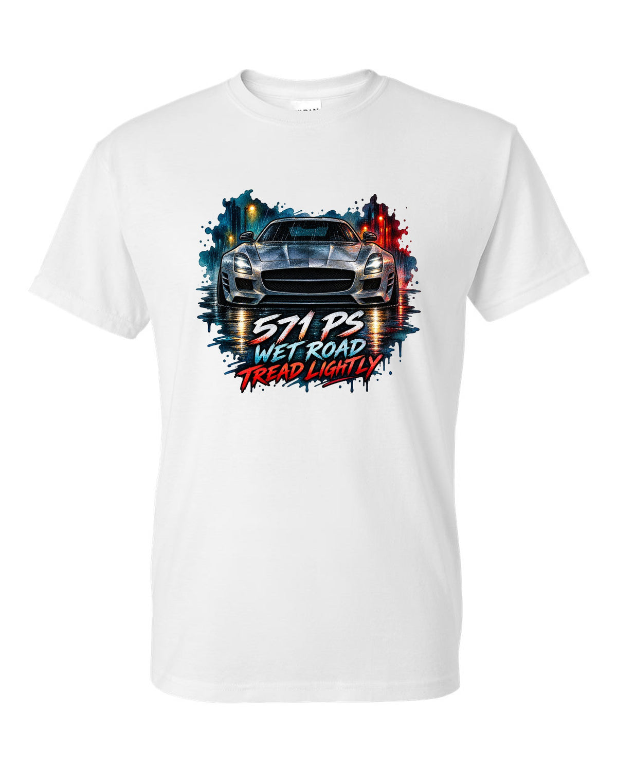 Watercolour illustration of a Mercedes SLS AMG C197 on a wet night road with 571 PS text white t-shirt front view with the design