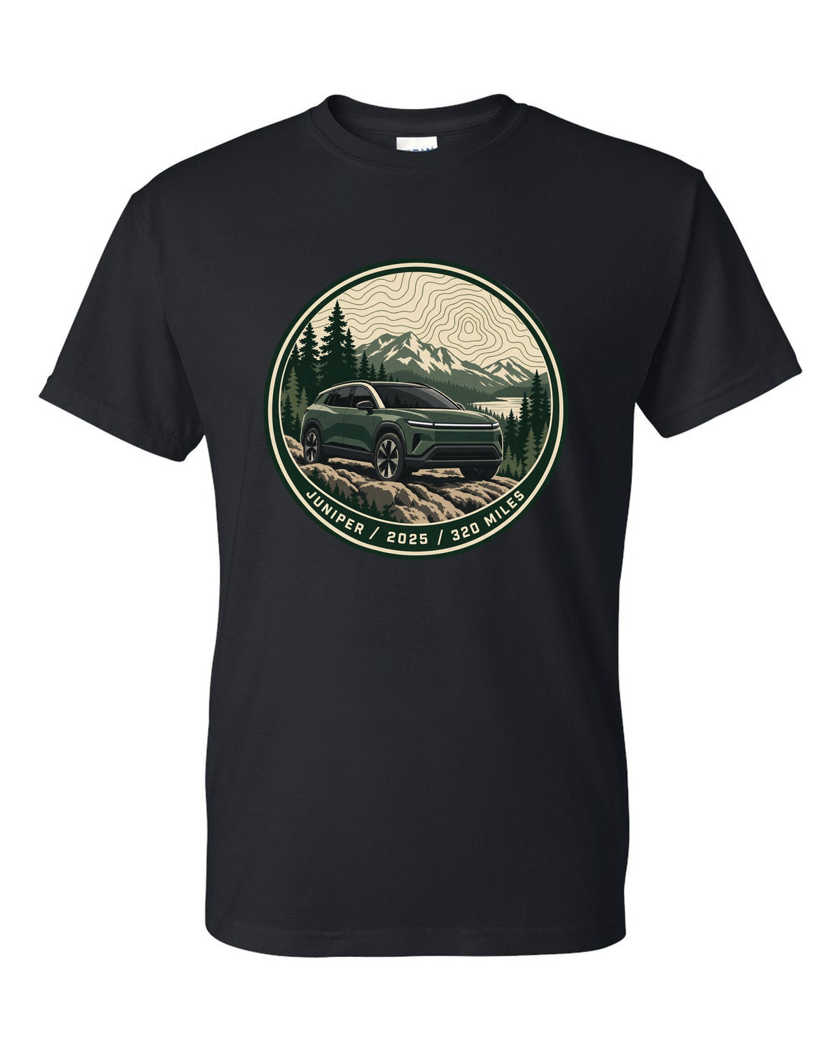 Topographic contour map trail badge print for a Tesla Model Y Juniper reading Juniper 2025 320 Miles black t-shirt front view with the design