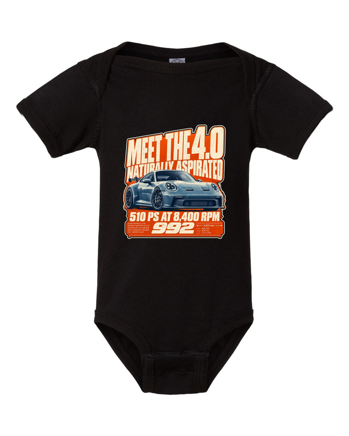 Porsche 992 GT3 halftone statement print design black baby onesie front view with the design