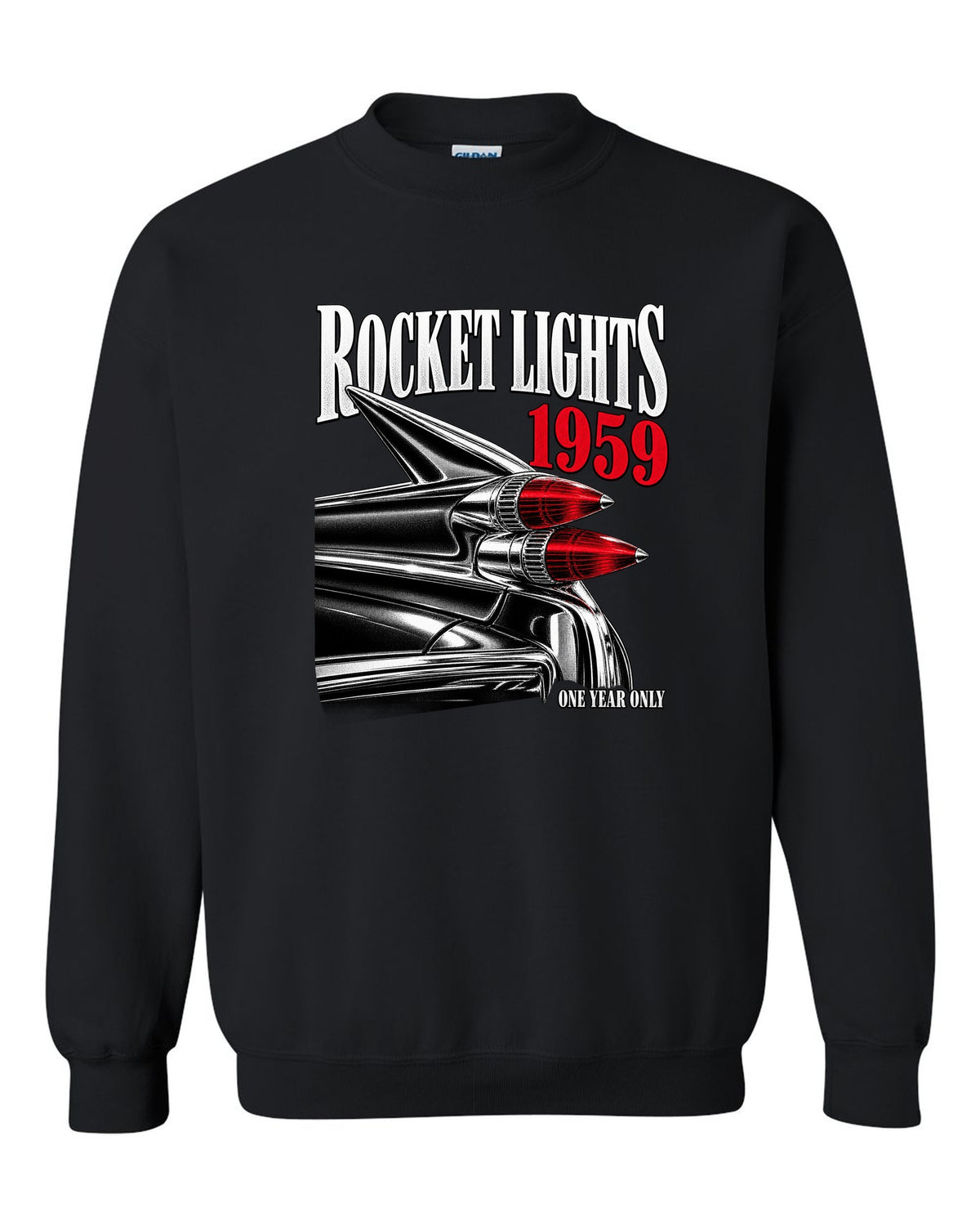 print macro of the rocket taillights on a 1959 Cadillac Series 62 Coupe de Ville black crewneck front view with the design