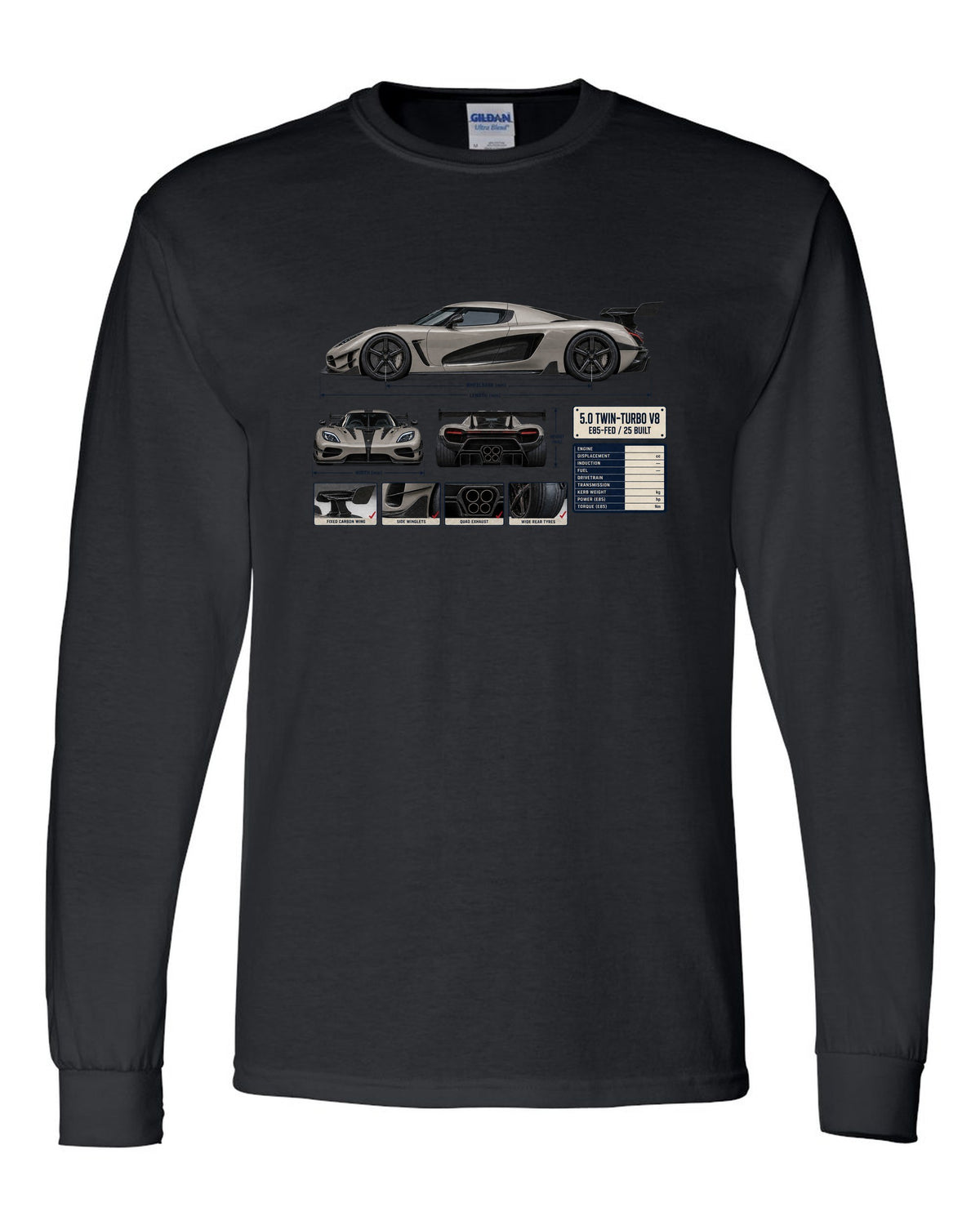 Three-view and spec table print of the Koenigsegg Agera RS with the text 5.0 twin-turbo V8, E85-fed, 25 built black long sleeve front view with the design