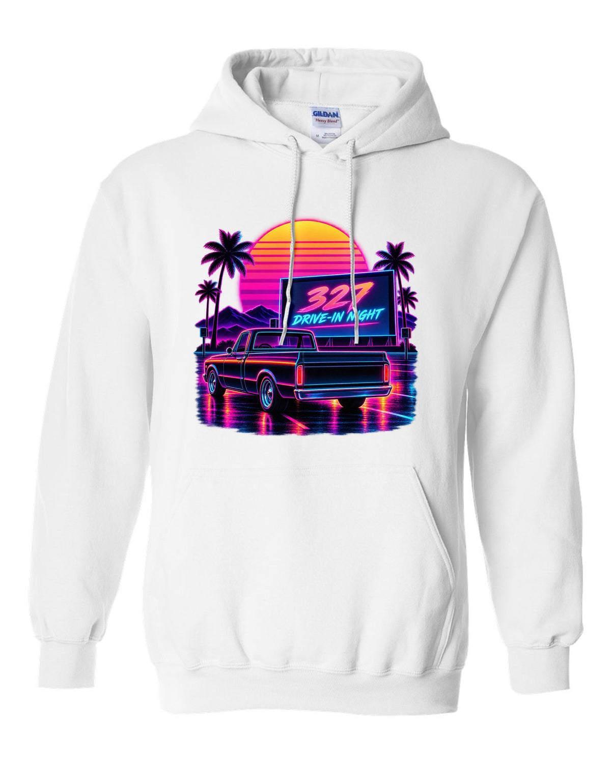 Synthwave outrun print of a 1967-72 Chevrolet C10 Action Line Fleetside at a drive-in with 327 lettering white pull over hoodie front view with the design