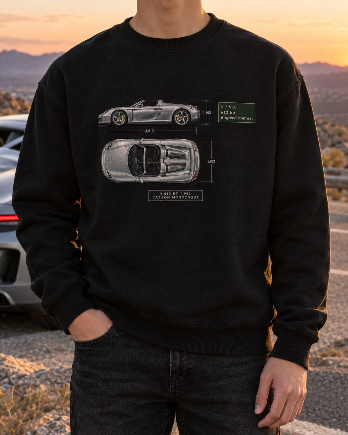 Porsche Carrera GT Top View Blueprint Tee, Carbon Monocoque Crewneck Black worn hero