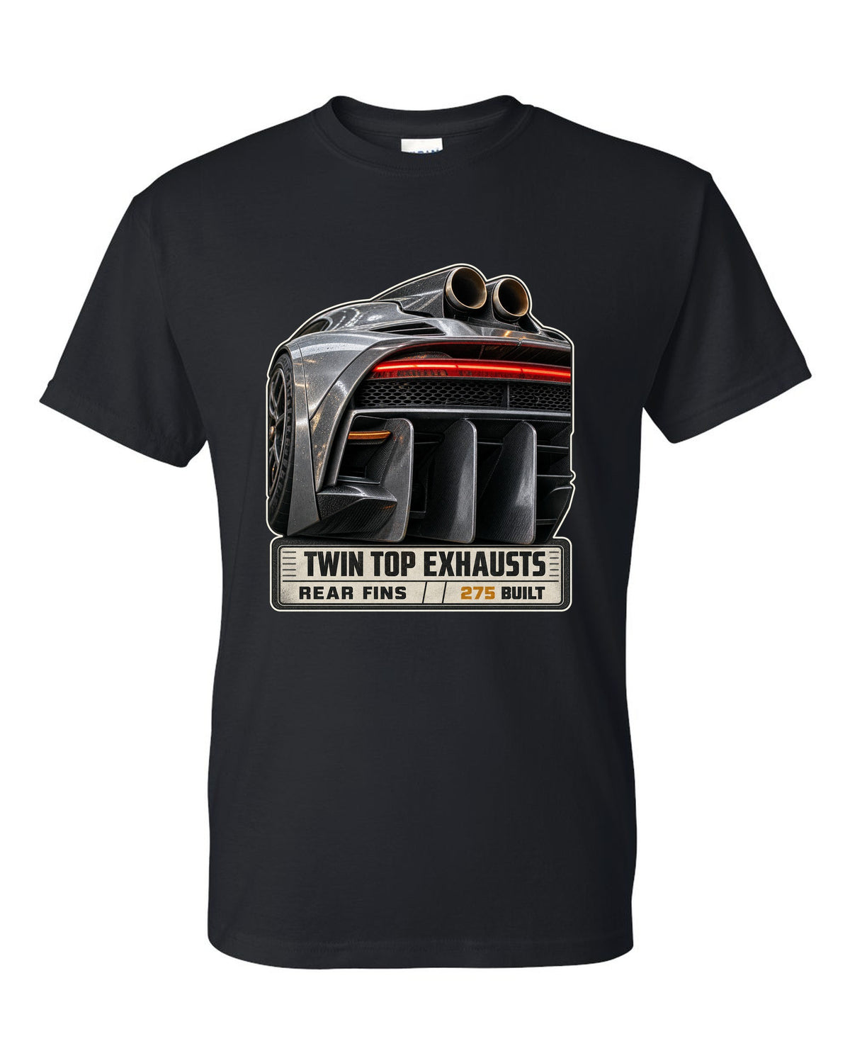 Mercedes-AMG One rear taillight and twin top exhaust macro black t-shirt front view with the design