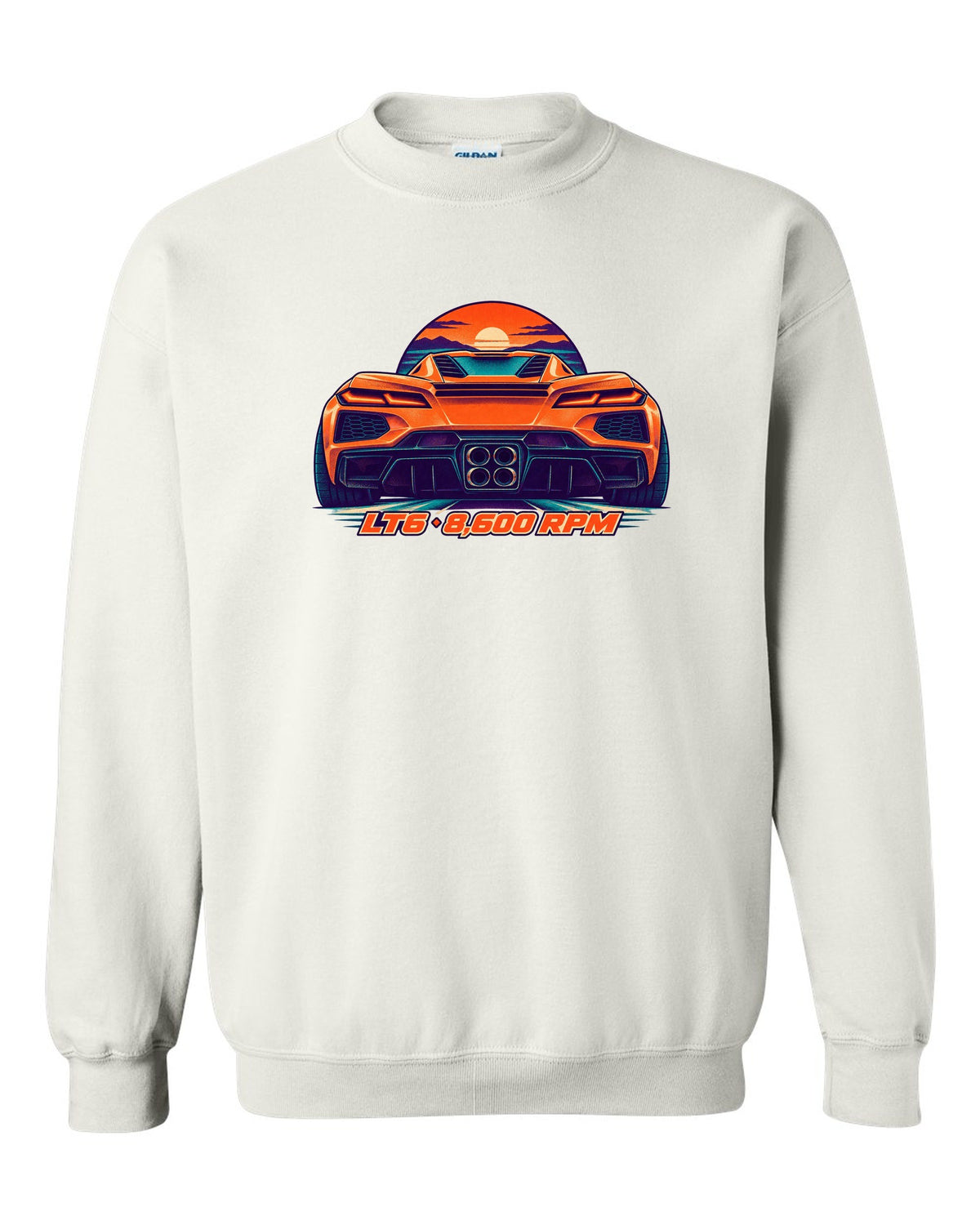 Risograph-style print of a Chevrolet Corvette C8 Z06 with quad exhaust tips and LT6 8,600 RPM lettering white crewneck front view with the design