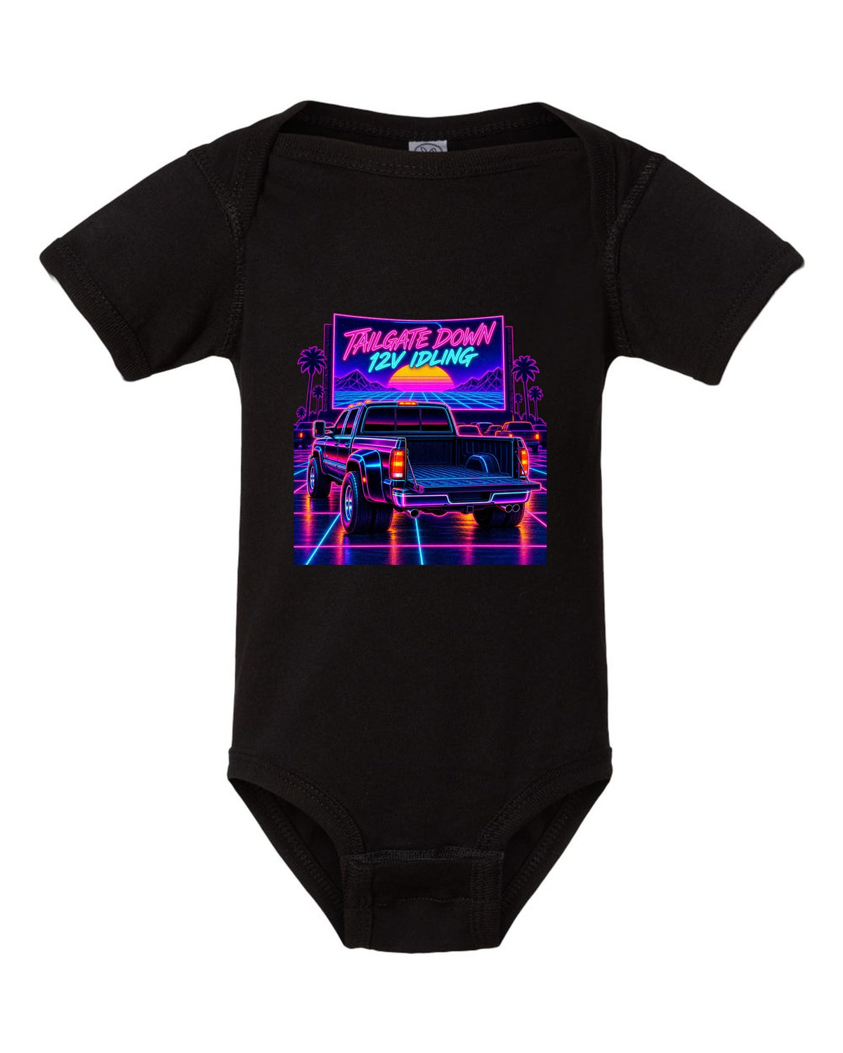 Neon synthwave drive-in print of a 1994-1998 Dodge Ram 2500 12V Cummins with tailgate down black baby onesie front view with the design